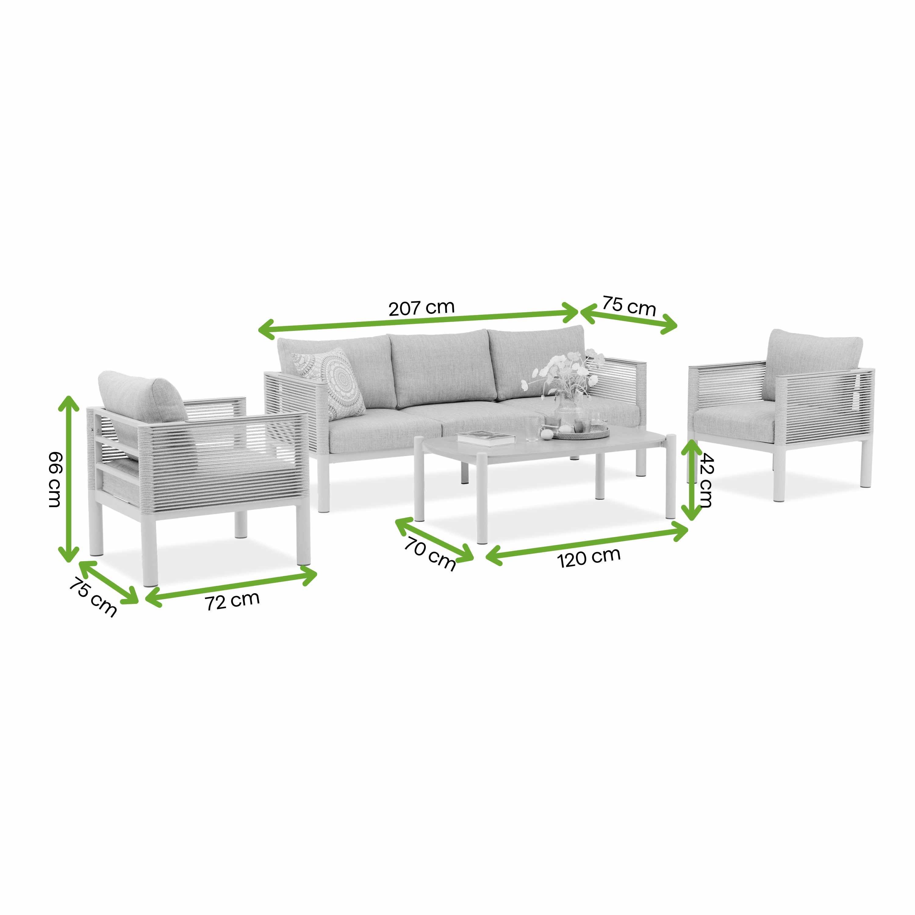 Bjorkka Gartenlounge-Set "GENEVA PREMIUM" Aluminium, Sofa + 2 Sessel + Tisch, Geflecht / Rope, Geflochten, Witterungsbeständig, bequemes Gartenmöbel-Set