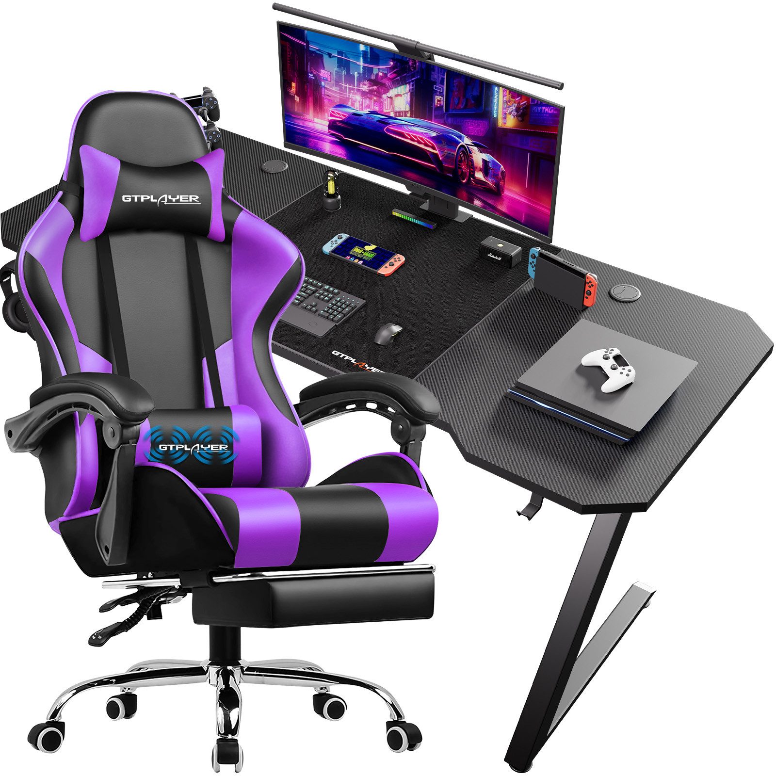 GTPLAYER Gaming-Stuhl Bürostuhl mit Massagefunktion, Fußstütze, Kopfstütze (Packung), Ergonomischer Gamer Stuhl Maximale Belastung 150 kg, 360° drehbar