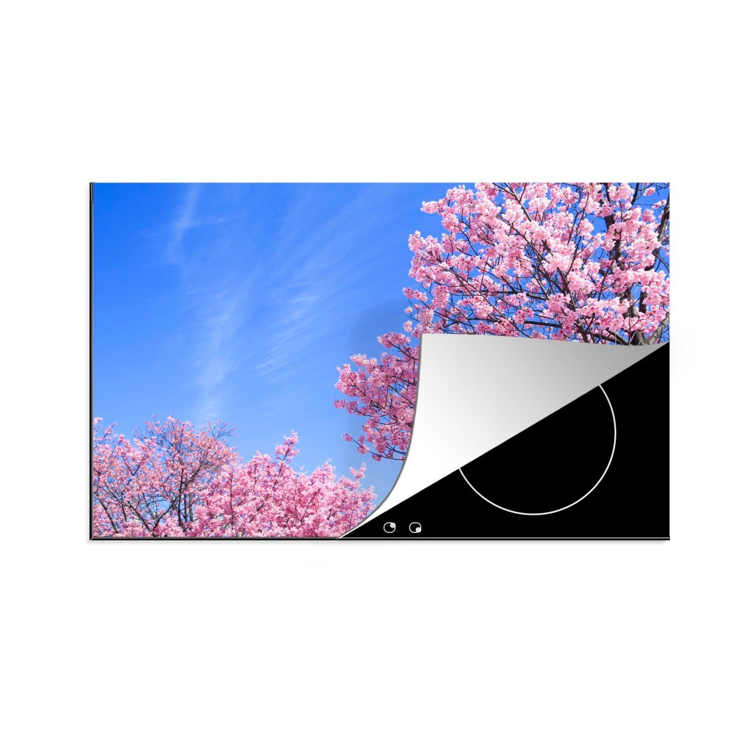 MuchoWow Herdblende-/Abdeckplatte Kirschblüte gegen blauen Himmel, Vinyl, (1 tlg), 78x52 cm, Mobile Arbeitsfläche nutzbar, Ceranfeldabdeckung