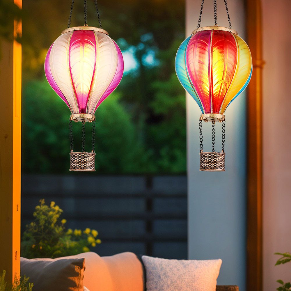 GLOBO LIGHTING LED Solarleuchte, LED-Leuchtmittel fest verbaut, Warmweiß, Solarlampe Außenlampe Heißluftballon Feuereffekt pink bunt H 46,5cm 2x