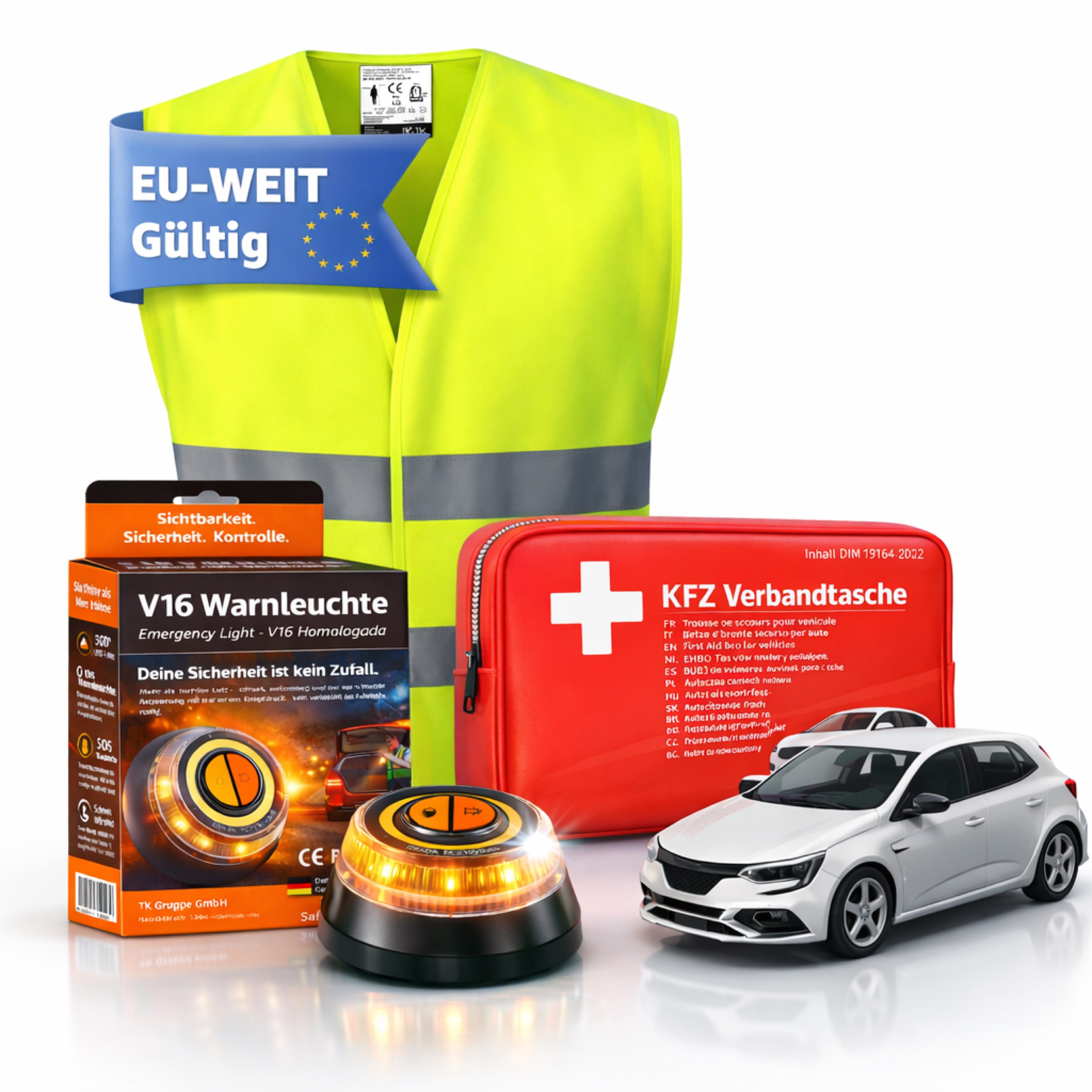 Safeglow Erste-Hilfe-Set 3 in 1 Set - Warnleuchte V16 IDIADA - Warnweste & Verbandskasten, (Set, 1 St)