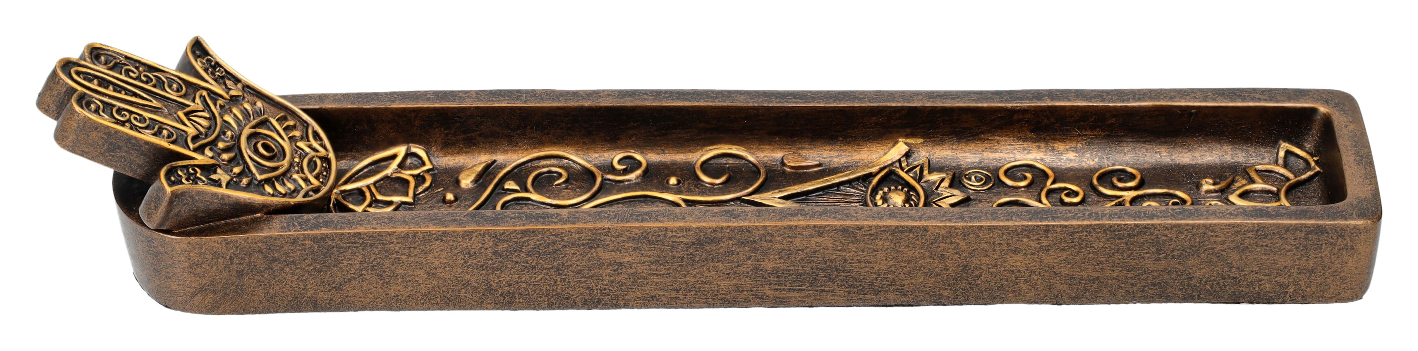 Figuren Shop GmbH Räucherstäbchen-Halter Räucherstäbchenhalter - Hamsa Hand bronzefarben - Allsehendes Auge Dek