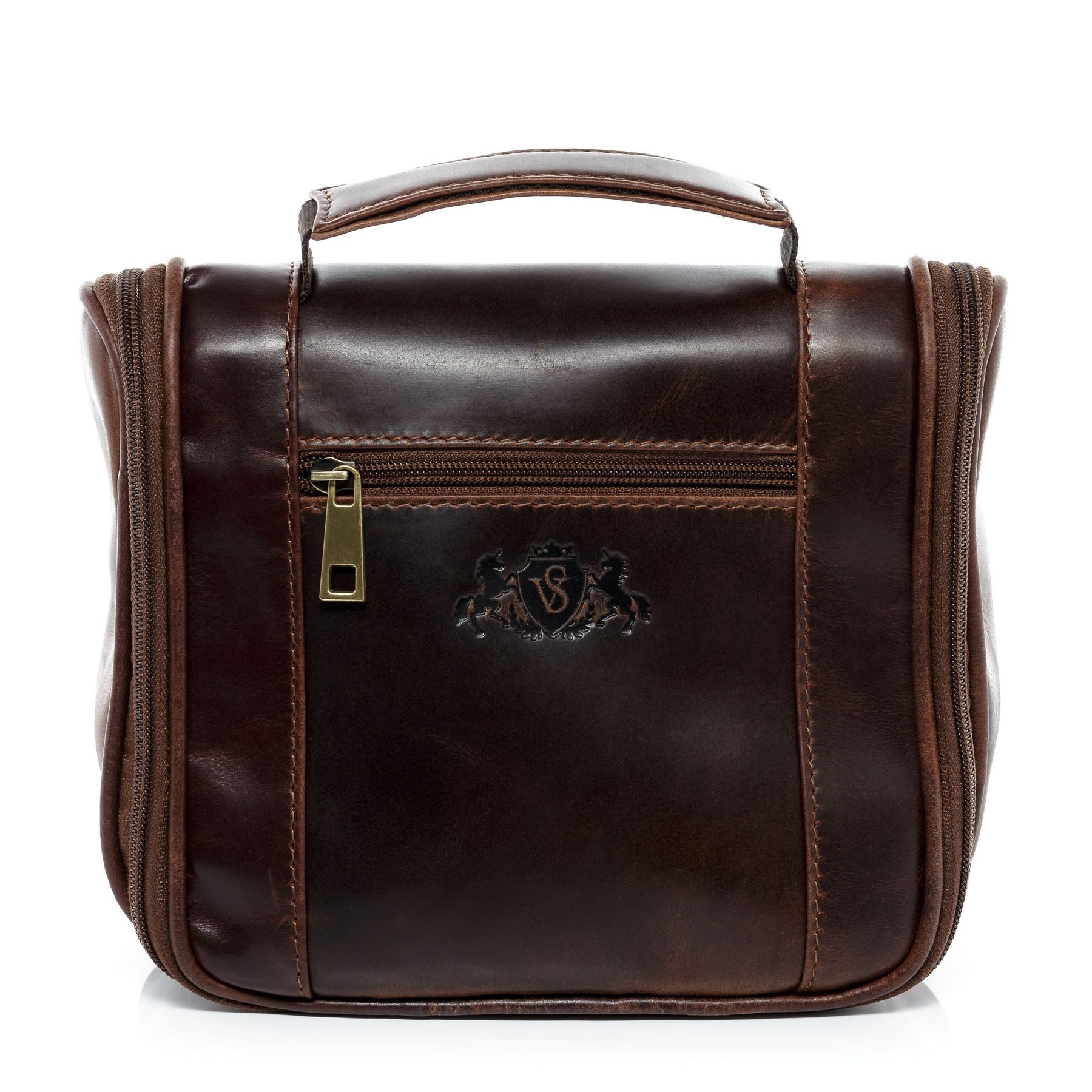 SID & VAIN Kulturbeutel echt Leder Kulturtasche groß braun HEATHROW, Waschbeutel Echtleder für Damen & Herren, Kosmetiktasche braun-cognac