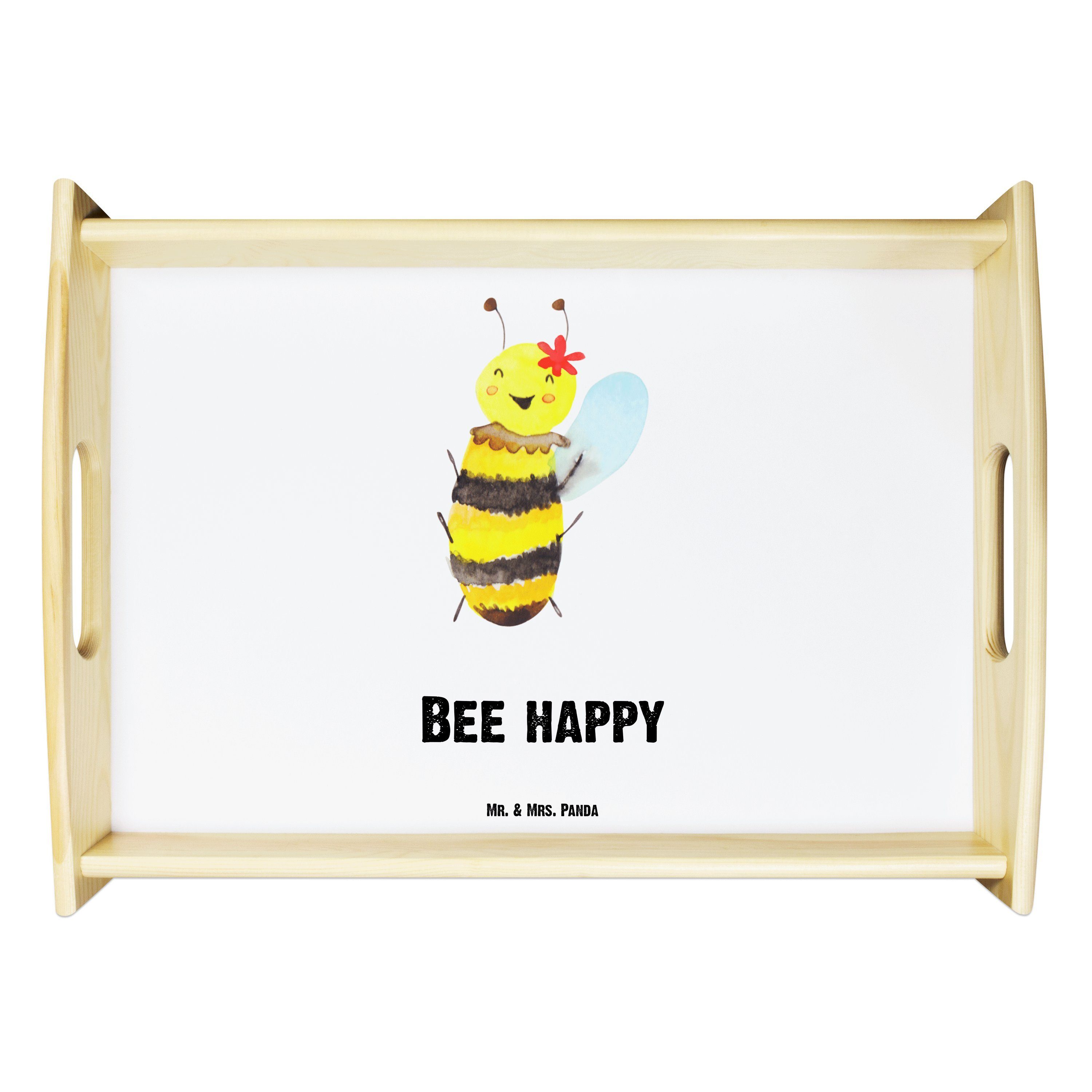 Mr. & Mrs. Panda Tablett Biene Happy - Weiß - Geschenk, Tablett, Wespe, Hummel, Frühstückstabl, Echtholz lasiert, (1-tlg)