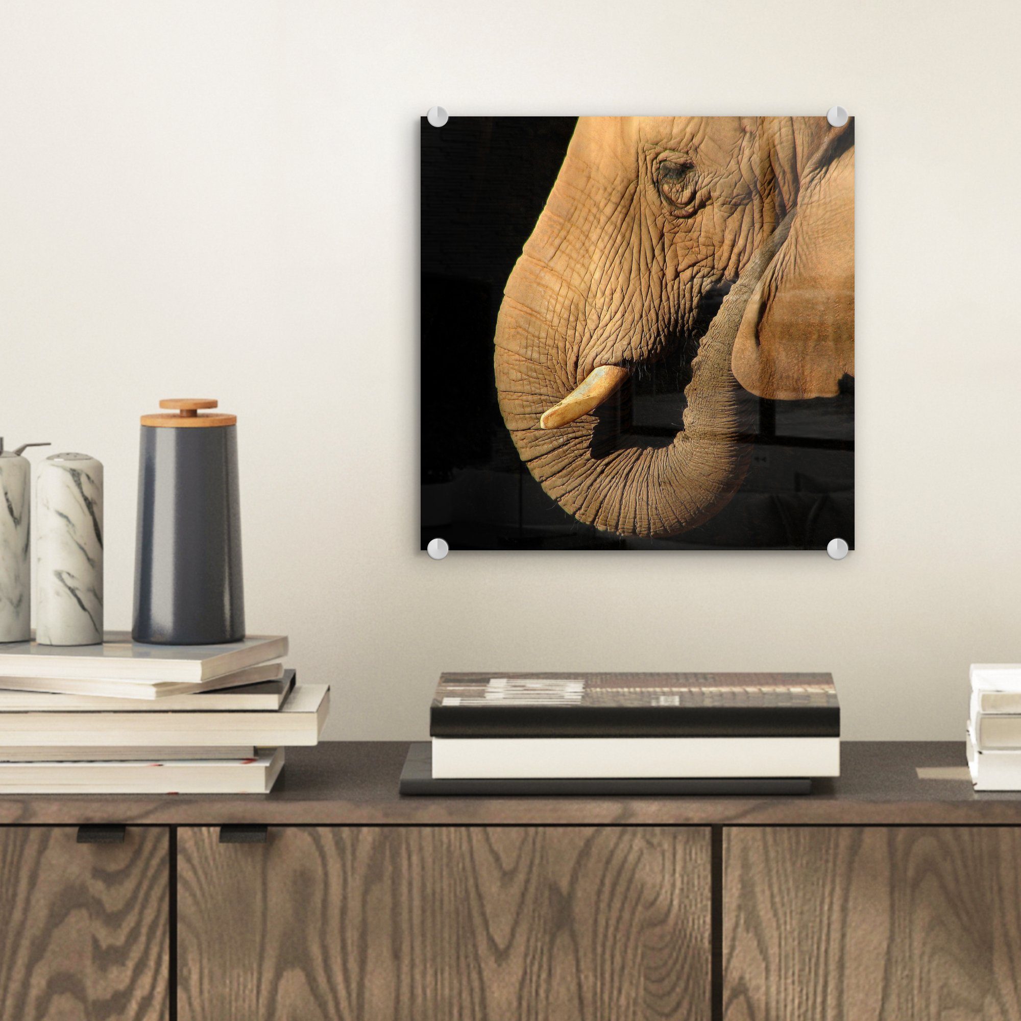 St), auf MuchoWow Schwarz, Acrylglasbild Elefant - - Wandbild Glasbilder Nahaufnahme Foto Tiere - Glas Bilder Wanddekoration - auf - (1 Glas -