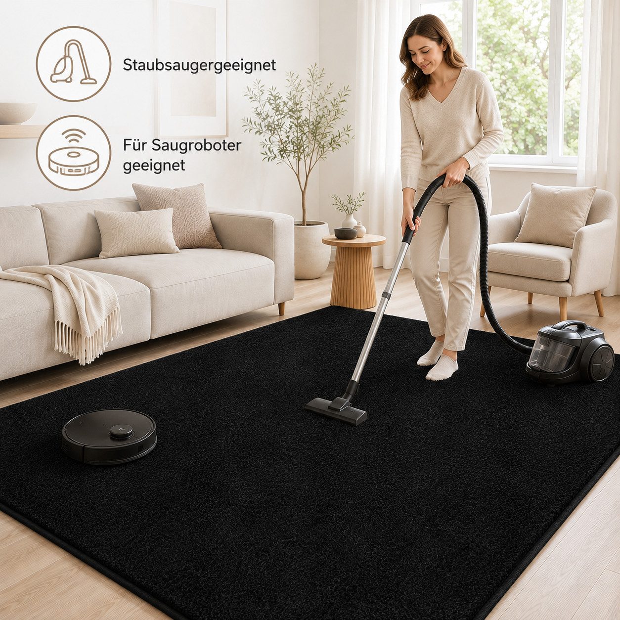 Lochas Designteppich Kurzflor Teppich Uni Schwarz – Weich, rutschfest & waschbar – Bild 5 von 5