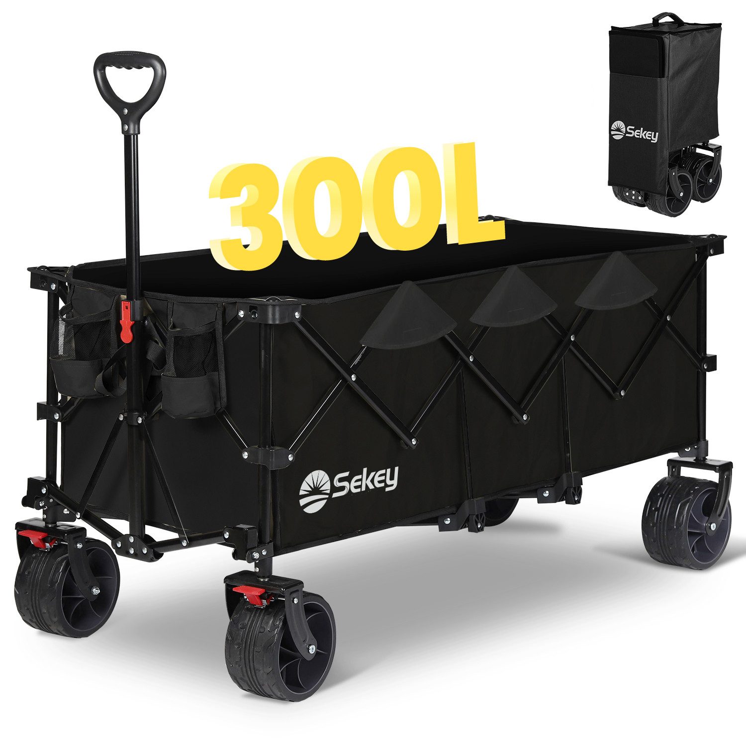 Sekey Bollerwagen Faltbar Handwagen Klappbar Transportwagen XXXL Superlang, 300L, 200KG, Alle-Terrain Reifen, Ultrakompakt Faltbar & mit Bremsen