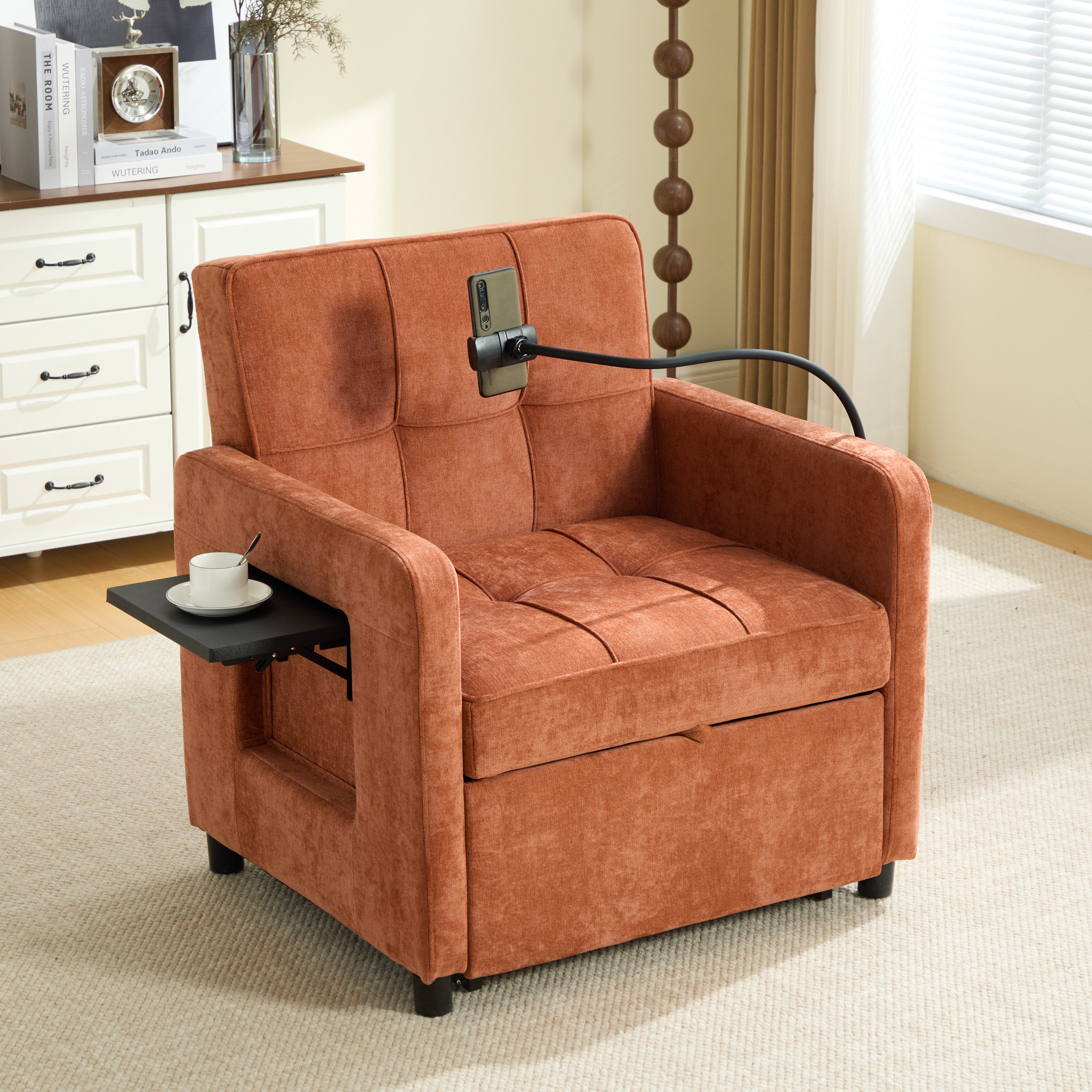 REDOM Polsterstuhl mit Kissen und Seitentaschen (Loungesessel Schlafsofa mit Tisch und Aufbewahrungstasche, 2-in-1 Design für Wohnzimmer)