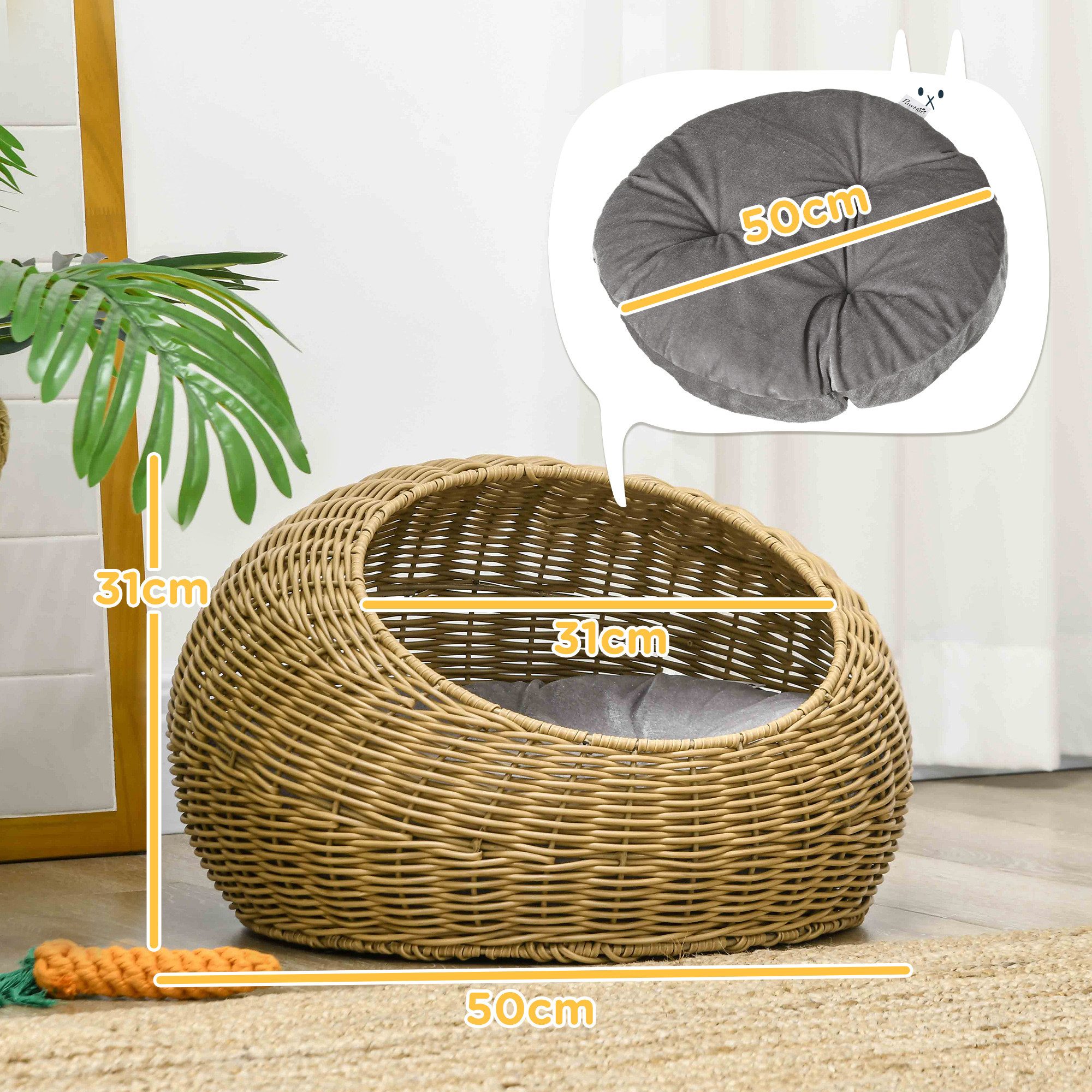 PawHut Tierhaus Haustierbett Katzenhöhle, mit Kissen, für Katzen bis 4 kg, Indoor, PE-Rattan, Ø50 x 31 cm, hellbraun