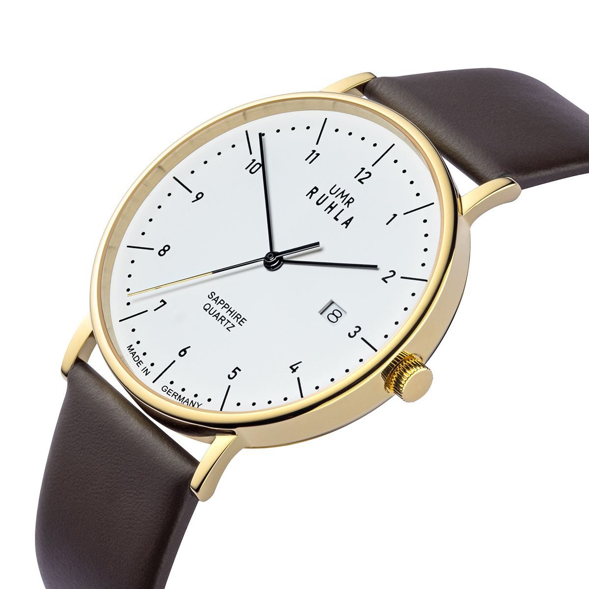 UMR Ruhla Quarzuhr Herren Classic 30442-BR IP Gold Weiß Lederband Braun Saphirglas 39 mm