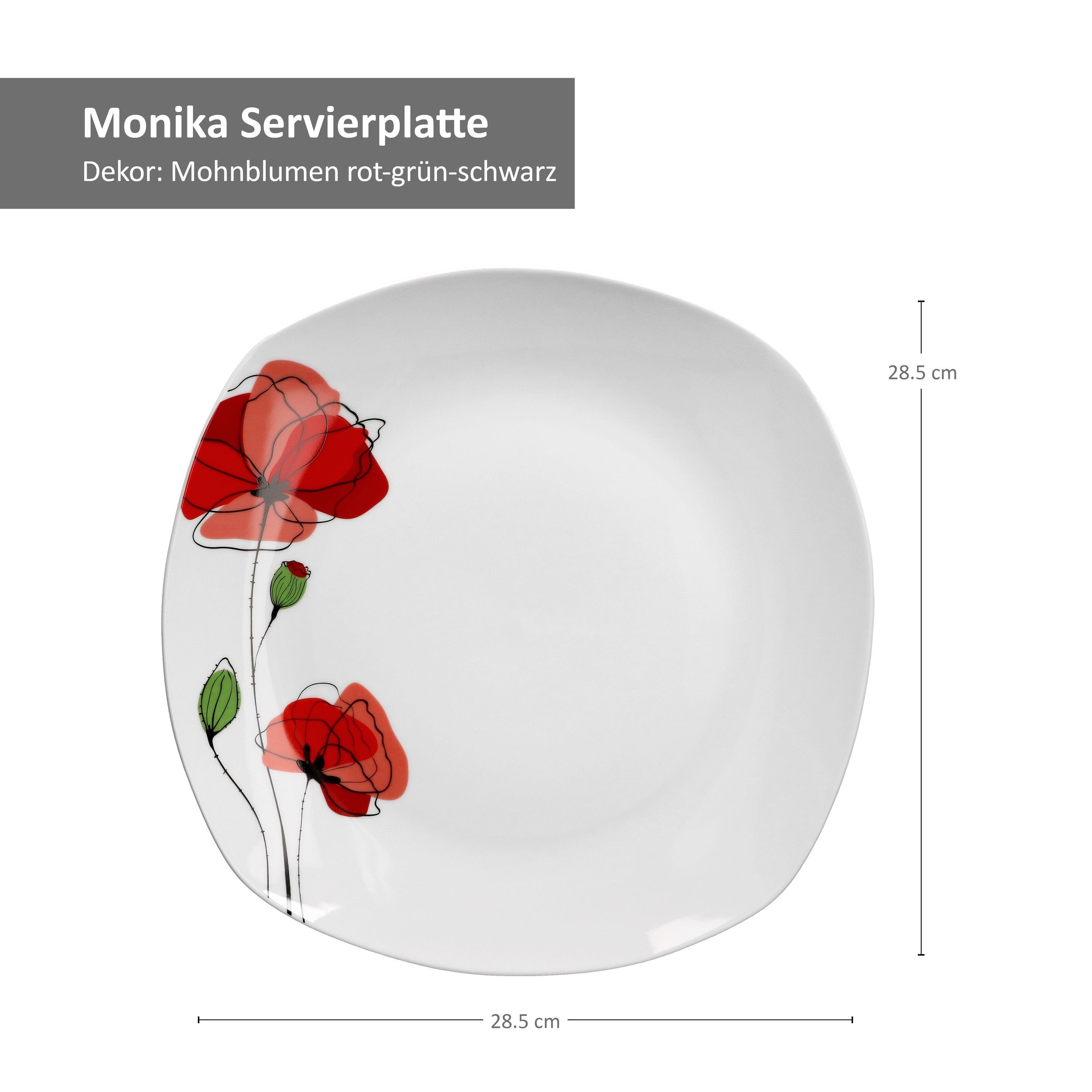 van Well mit Servierplatte Servierplatte Porzellan rotem Monika weiß Blumendekor, 28,5cm