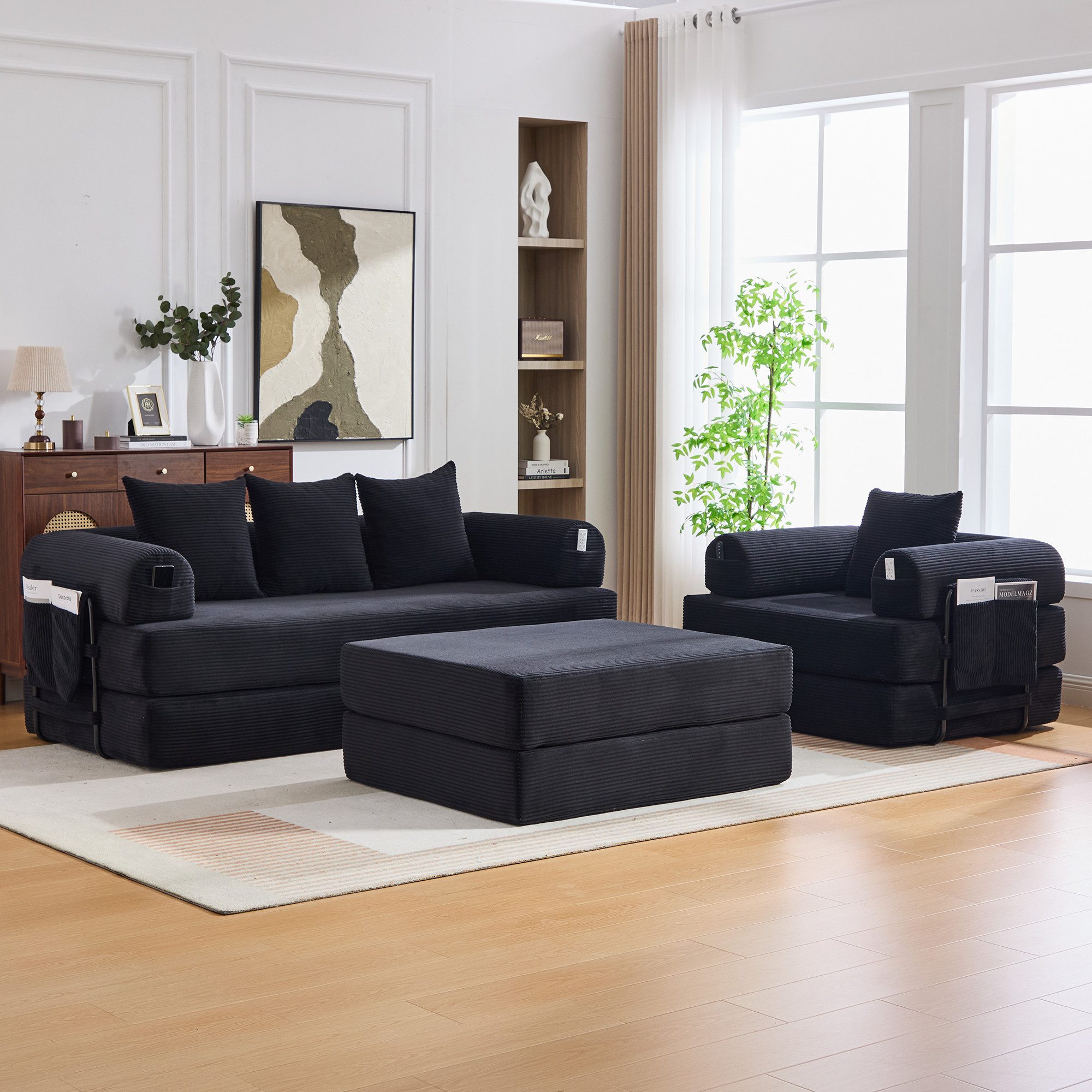 STILVORA Schlafsofa Modulares 4‑Sitzer Cord‑Kompressionssofa inkl. Hocker Relaxsofa, Modulares 4‑Sitzer Cord-Sofa mit Hocker & Metallrahmen, Hochdichter Schaumstoff,Seitentasche für Zeitschriften/Fernbedienungen