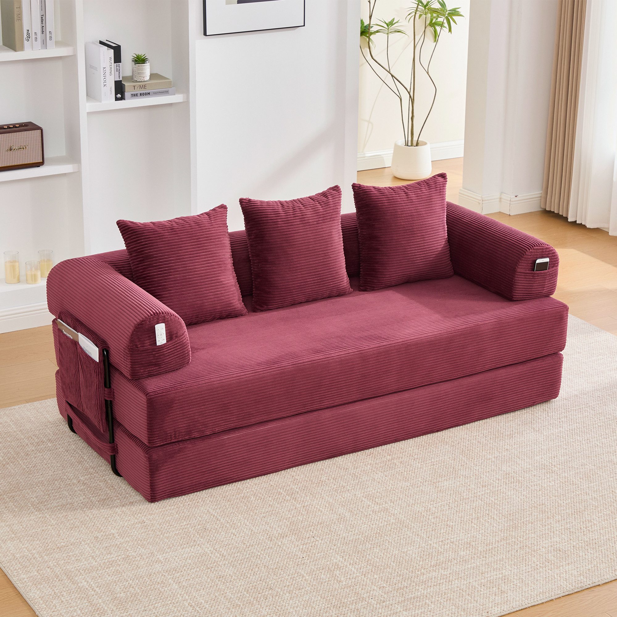 HAUSS SPOLE Loungesessel mit Kissen,Relaxsofa Frei Kombinierbar mit Seitentaschen in Weinrot (Relaxsofa mit einem stabilen Metallgestell, Kombination aus Stoff, Metall und Kissen), für kleine Räume, Apartments oder Studentenwohnungen