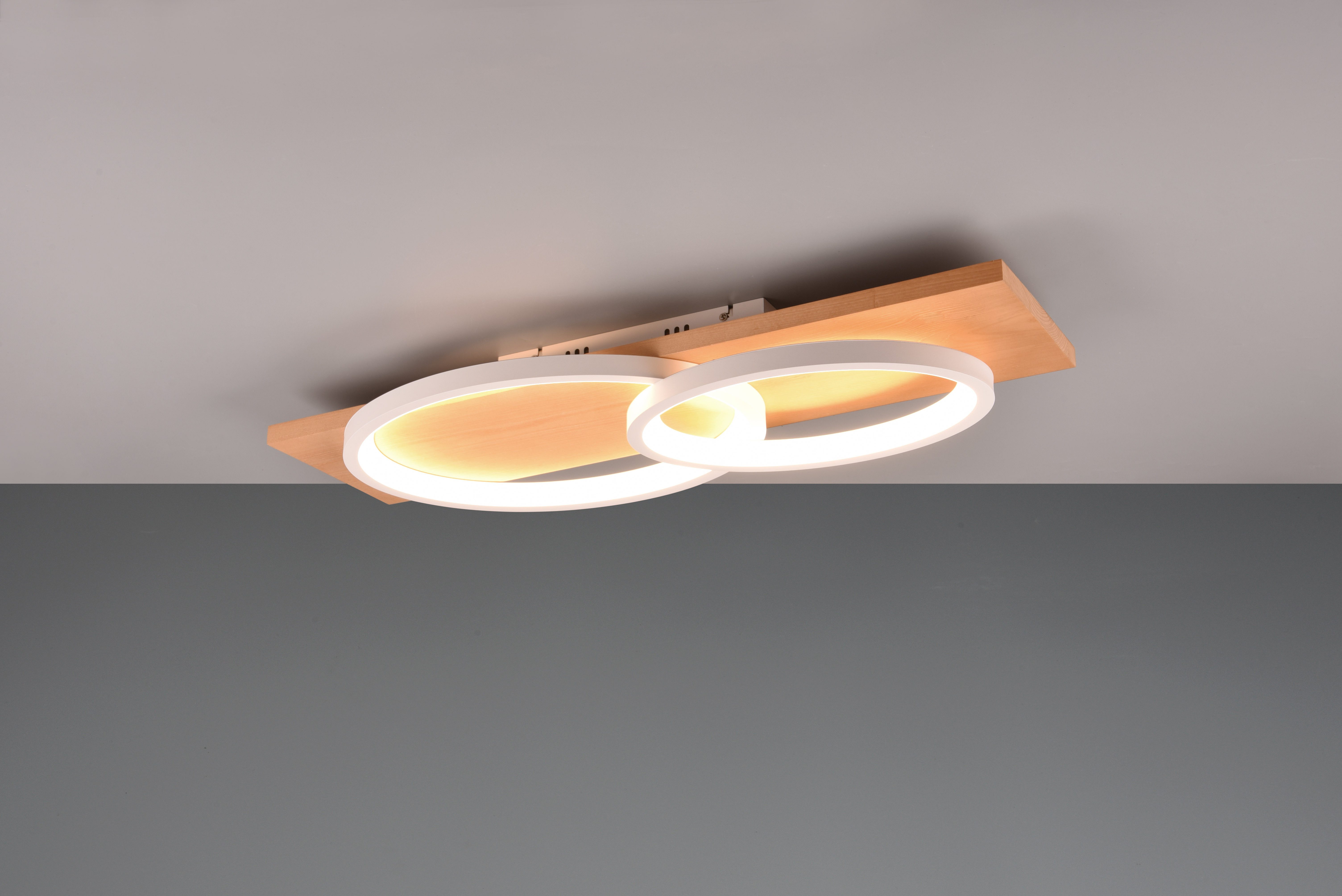 TRIO Leuchten LED Deckenleuchte BARCA, dimmbare Deckenlampe aus Holz & Metall mit indirektem Licht, Dimmfunktion, mehrere Helligkeitsstufen, LED fest integriert, Warmweiß, LED warmweiß & 3500 Lumen, für Wand- und Deckenmontage, 3 Dimmstufen