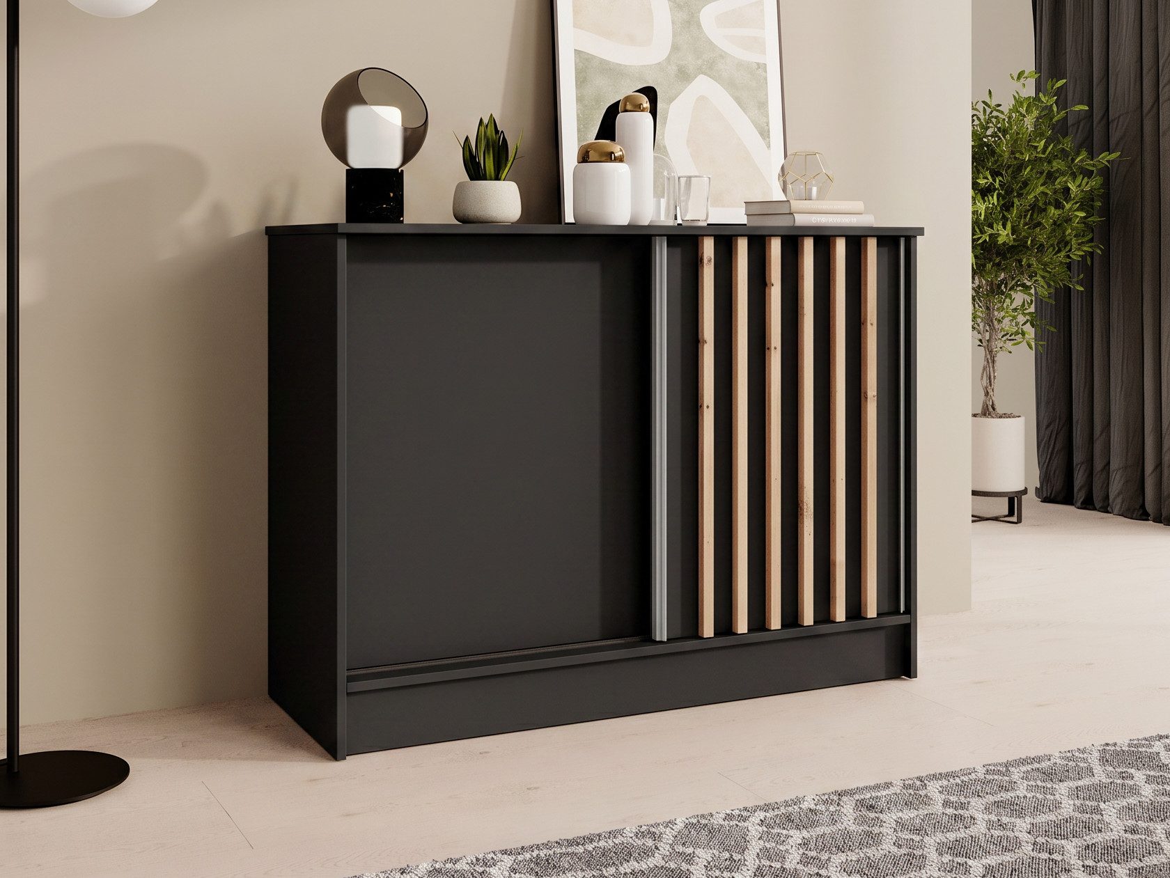 Beautysofa Kommode mit 2 Schiebetüren HORIZON (in 100 cm, 120 cm oder 160 cm, verschiedene Farben: Eiche Artisan, Schwarz, Weiß, Kaschmir), mit dekorativen Lamellen