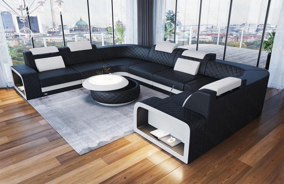 Sofa Dreams Wohnlandschaft Ledersofa Couch Foggia U Form Leder Sofa, mit  LED, verstellbare Kopstützen, Designersofa