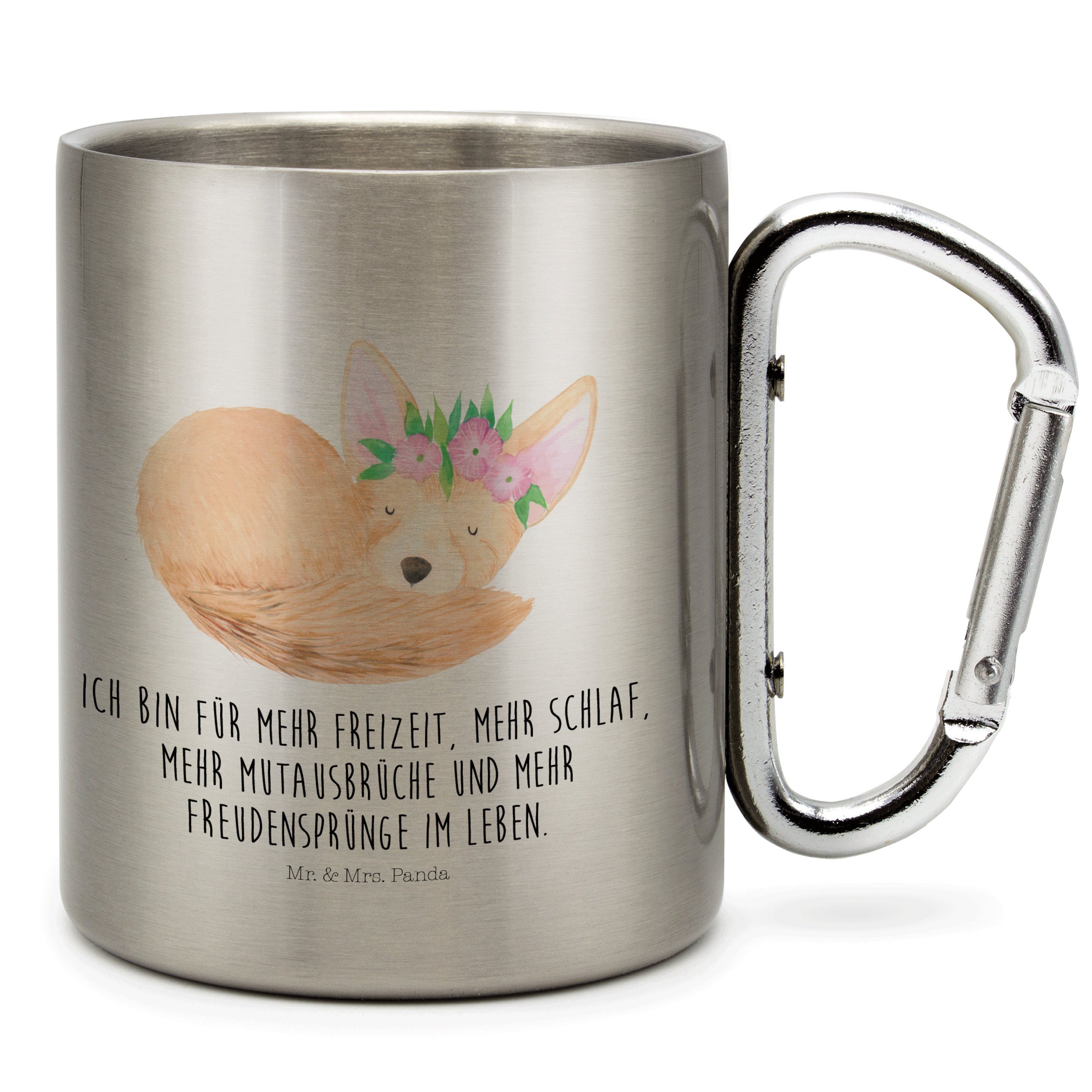 Mr. & Mrs. Panda Tasse Wüstenfuchs Blumenkranz - Transparent - Geschenk, Karabiner, Glücklic, Edelstahl