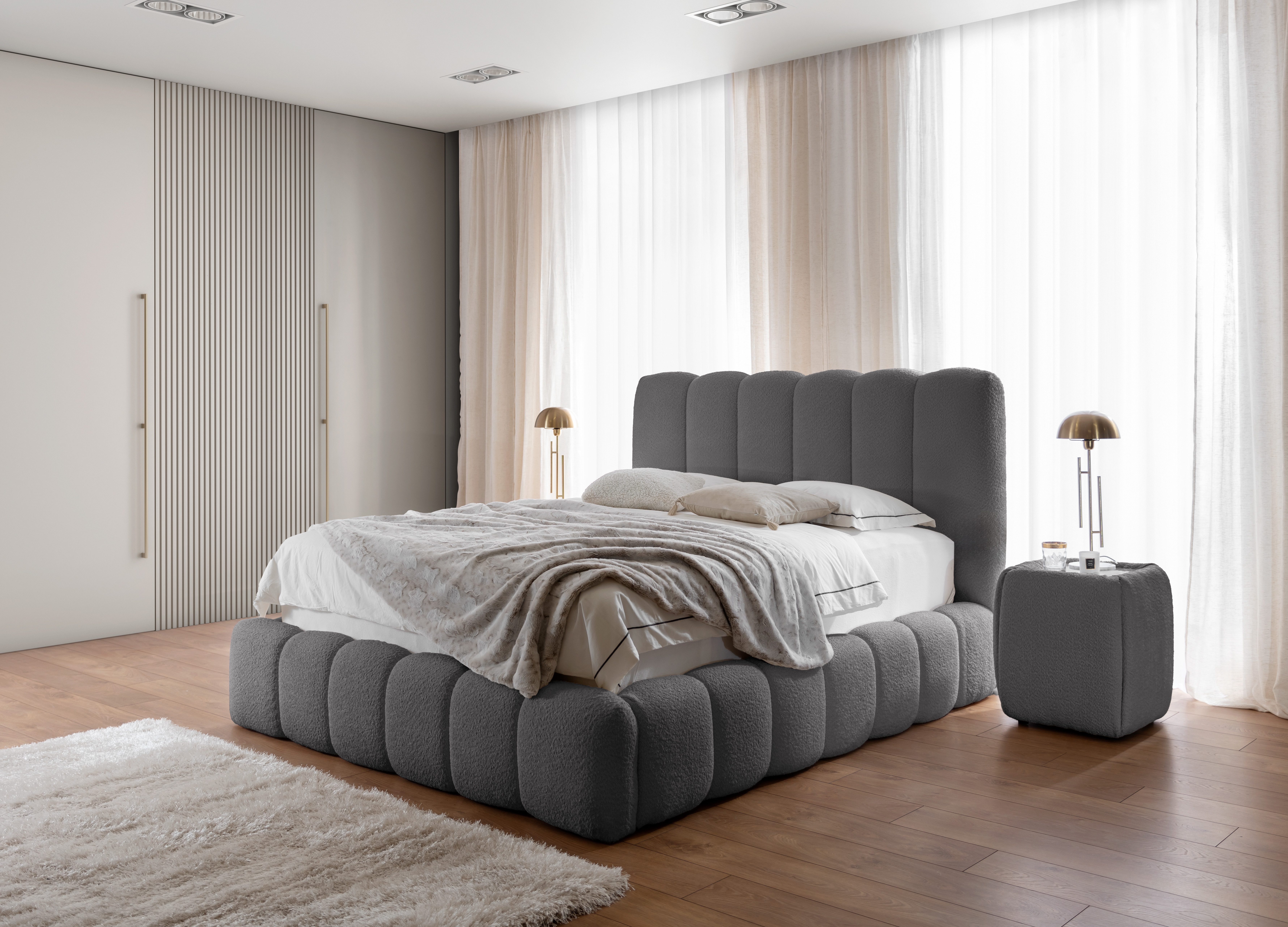 yourhouse24 Polsterbett Cande mit Bettkasten (Bettgestell mit Lattenrost), Bouclé-Stoffbezug, Gepolstertes Kopfteil, Wolkenbett