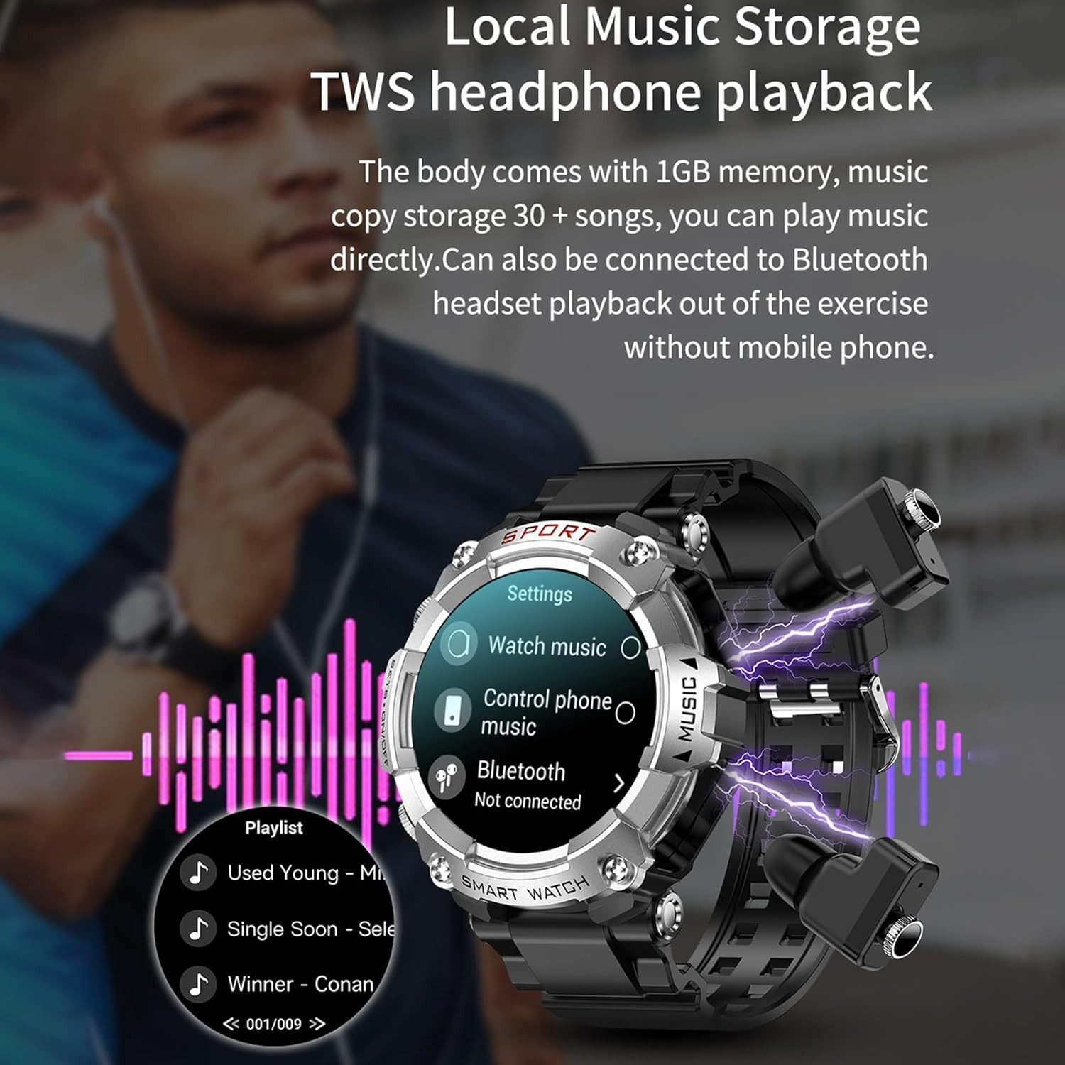 CISIYOO Smartwatch (3,8 cm, android ios), Smartwatch mit Bluetooth Kopfhörern Musikfunktion und 110 Sportmodi