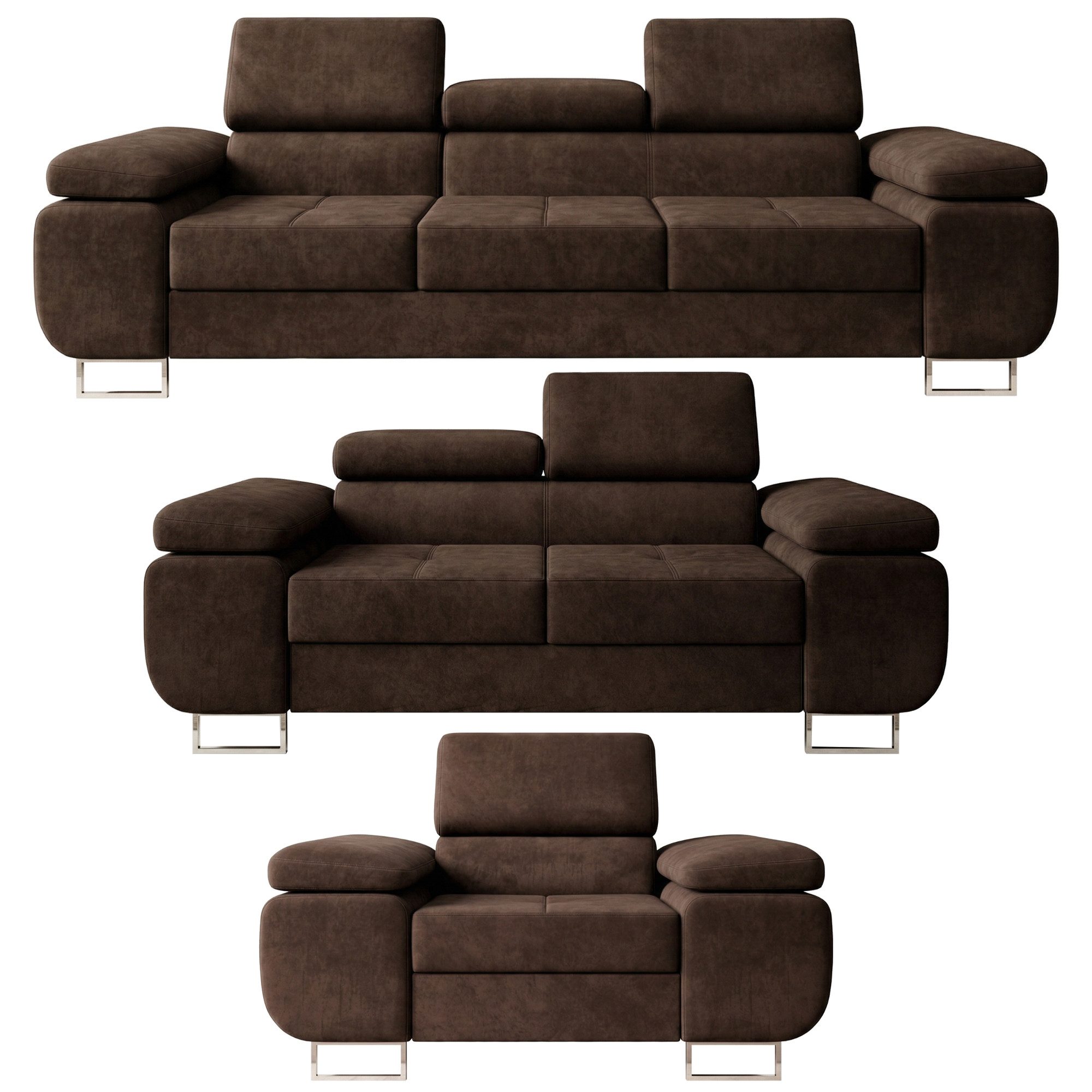 M-Punkt24 Polstergarnitur Sofa Wohnlandschaft DUBAI, (3-2-1, mit Bettfunktion, XL Sofa-Set, Bigsofa, Samt, Braun), Bestehend aus 3-Sitzer mit Bettfunktion, 2-Sitzer, Sessel