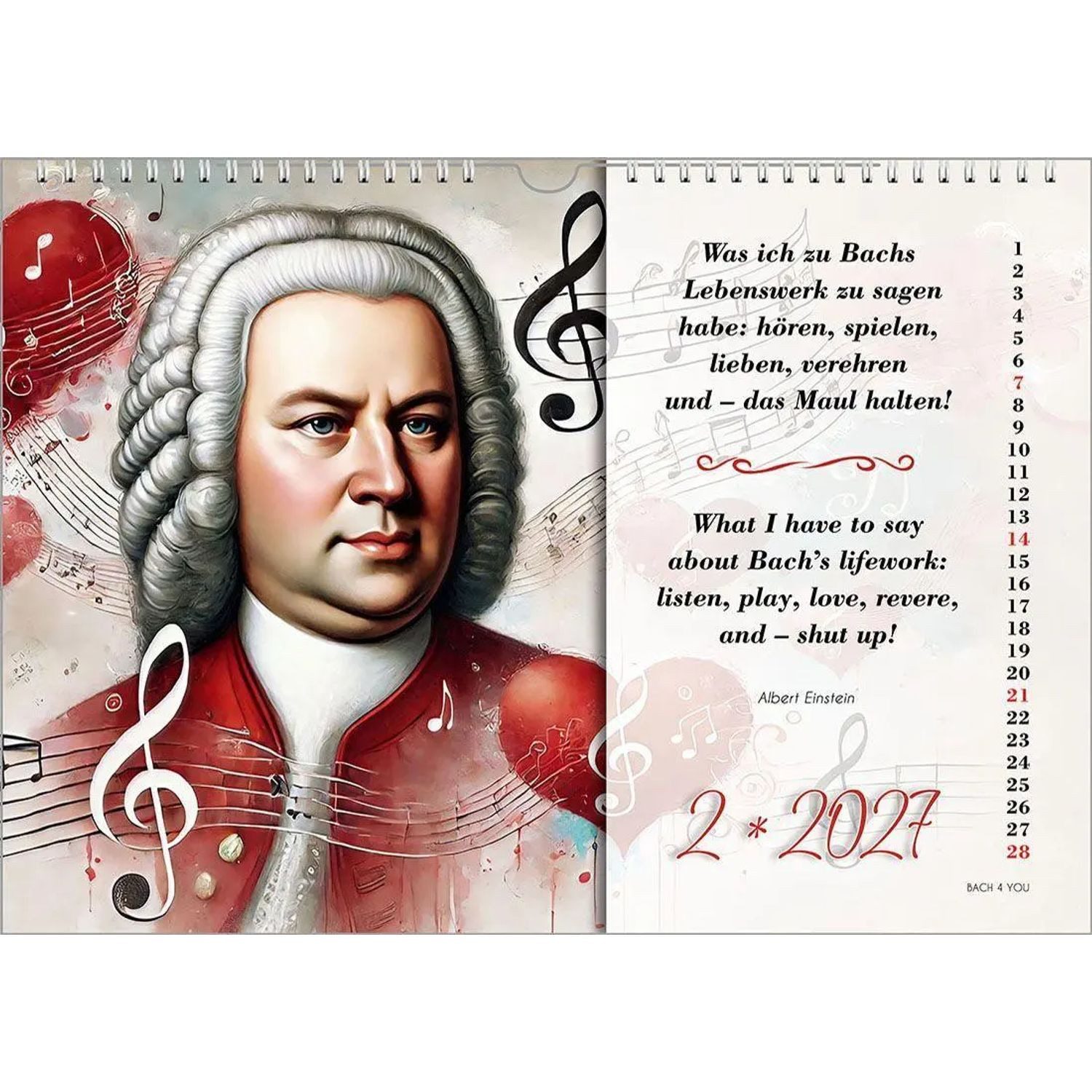 Bach Kunstkalender Johann-Sebastian-Bach-Zitate-Kalender, ein Musik-Kalender 2027, DIN A4