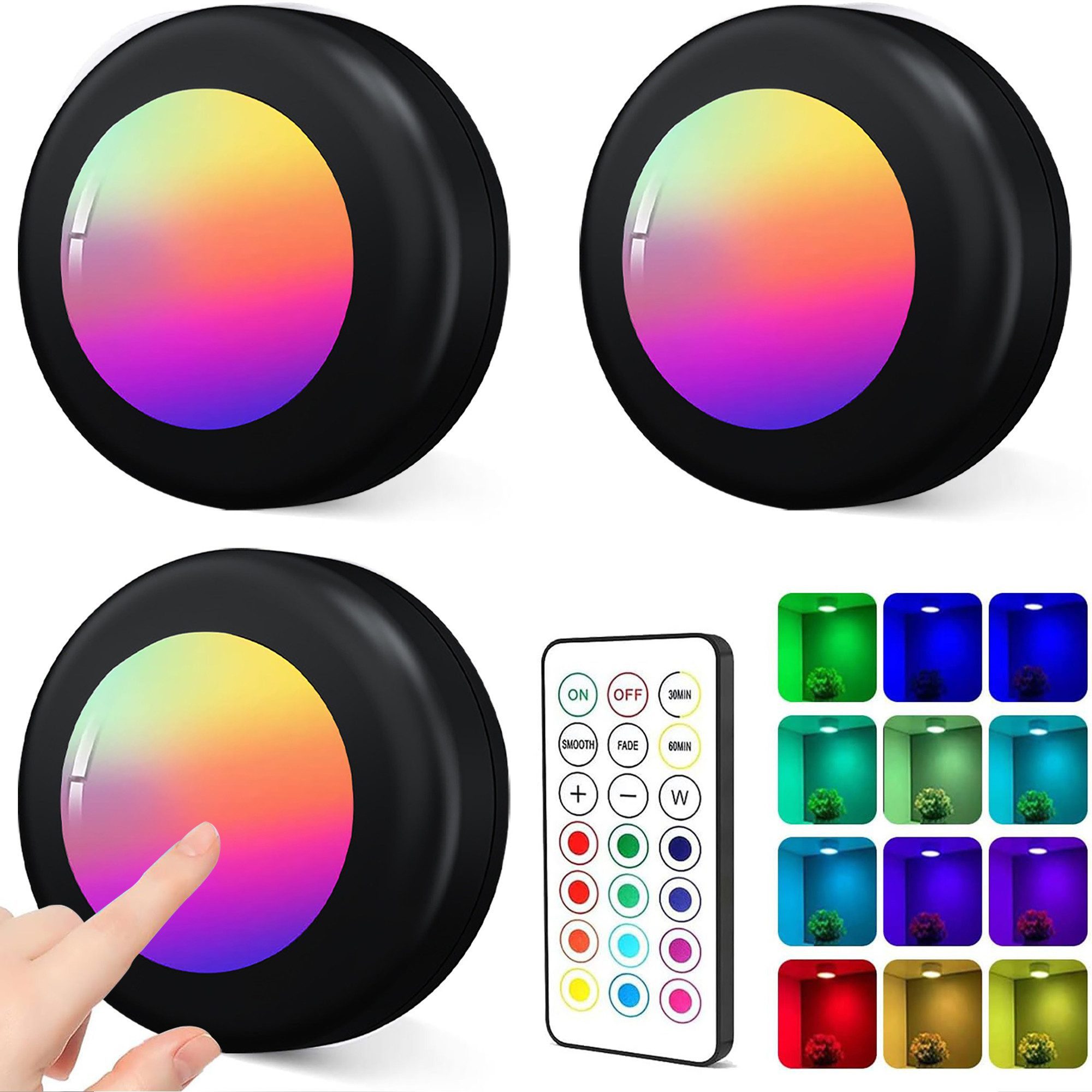 Fyrove LED Unterbauleuchte 3er Set RGB, 16 Farben, dimmbar, Batterie, Fernbedienung, Timer, klebbar, 3M Klebepad