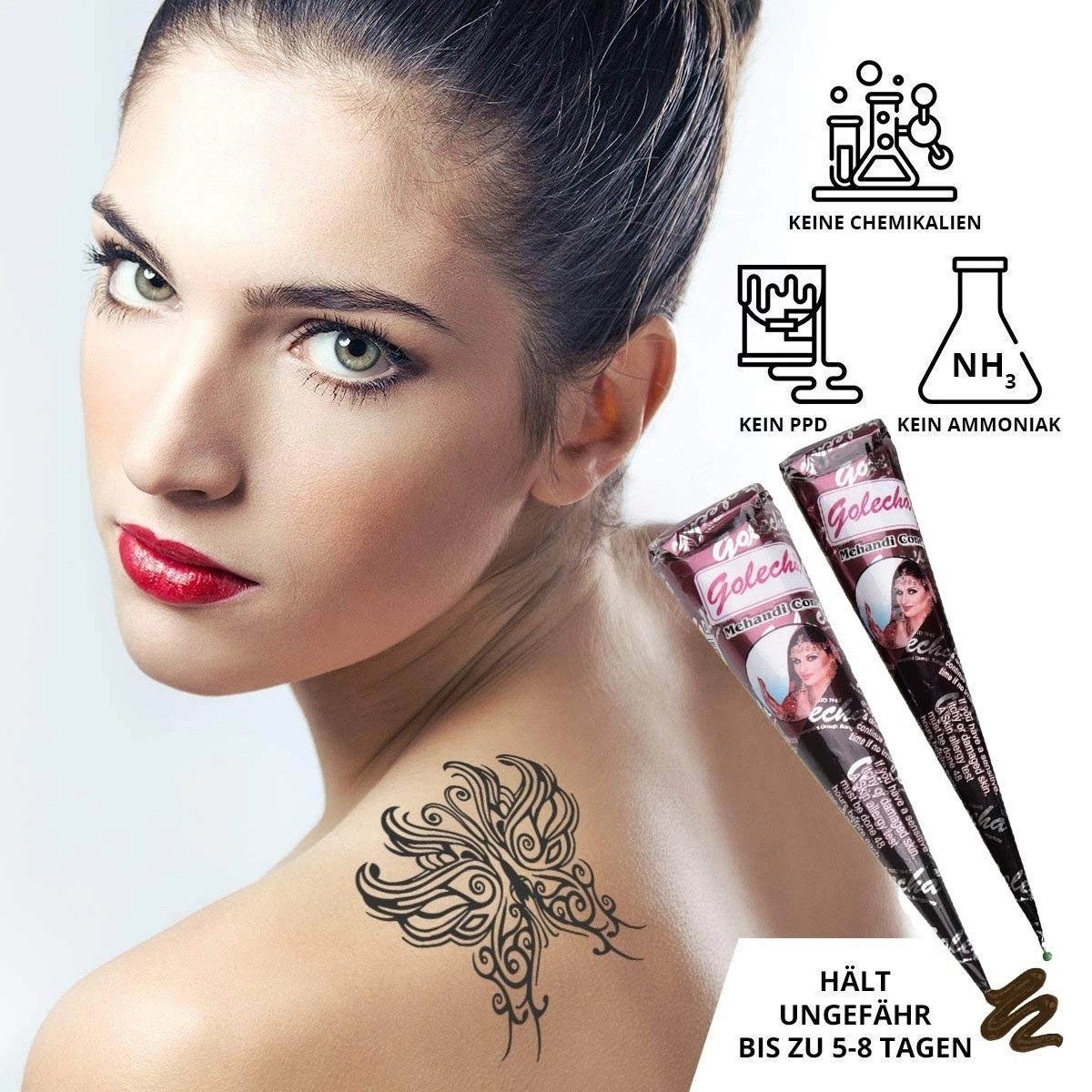 Golecha Schmuck-Tattoo 6x Golecha 100% Natural Henna Paste Cones Kegel (Rot-Braun) No Mix, 6-tlg., 6 Henna Kegel je 25 Gramm, Rein Pflanzlich