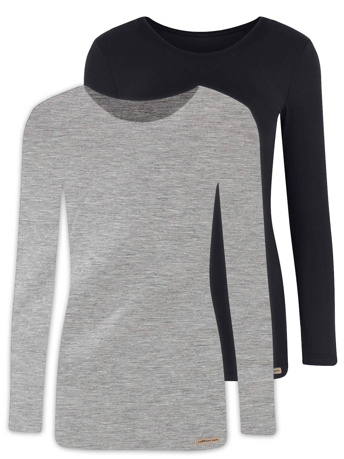 Damen grau-melange-schwarz Unterziehshirt Baumwoll Shirt 2er Pack (Stück, COMAZO Vegan 2-St) Langarm