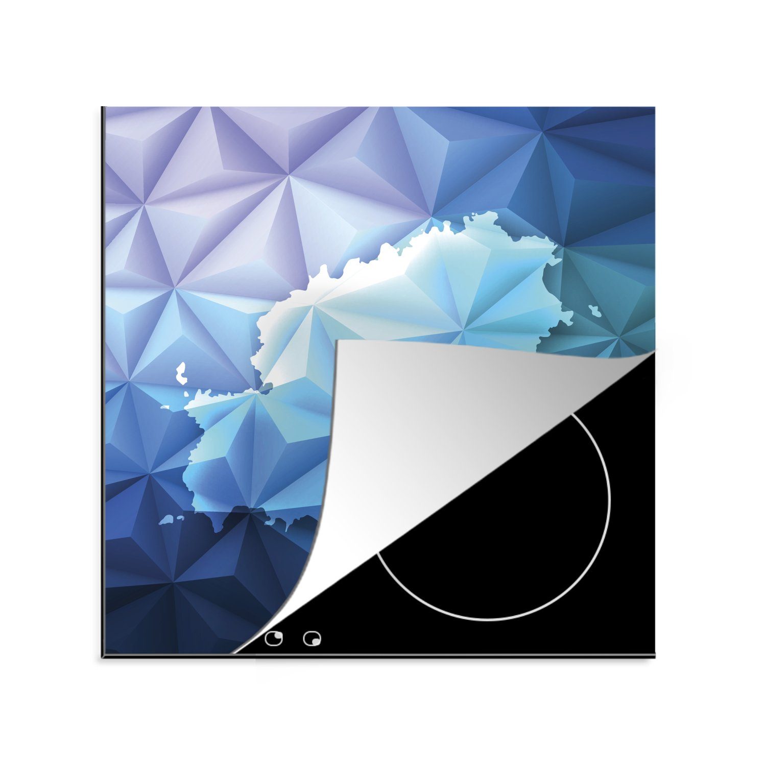 MuchoWow Herdblende-/Abdeckplatte Eine Illustration einer blauen Karte von Ibiza mit Dreiecken, Vinyl, (1 tlg), 78x78 cm, Ceranfeldabdeckung, Arbeitsplatte für küche