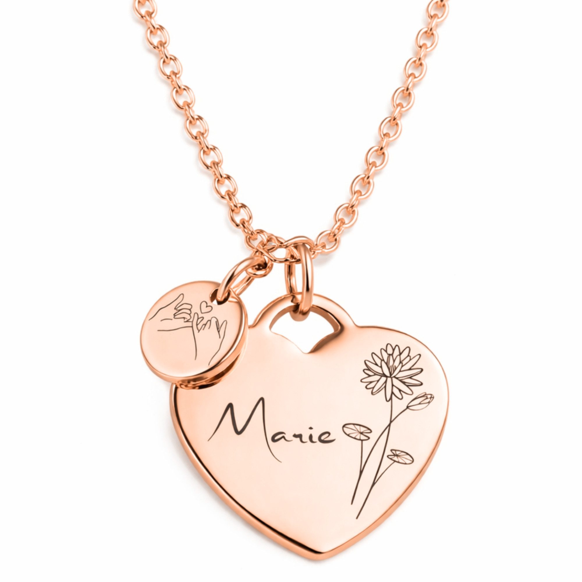 BS Schmuckdesign Kette mit Anhänger mit Gravur Personalisierte Halskette Damen Herzkette Name und Monatsblume Gravur (inkl. Gravur), vollständig personalisierbar inkl. Geschenkbox