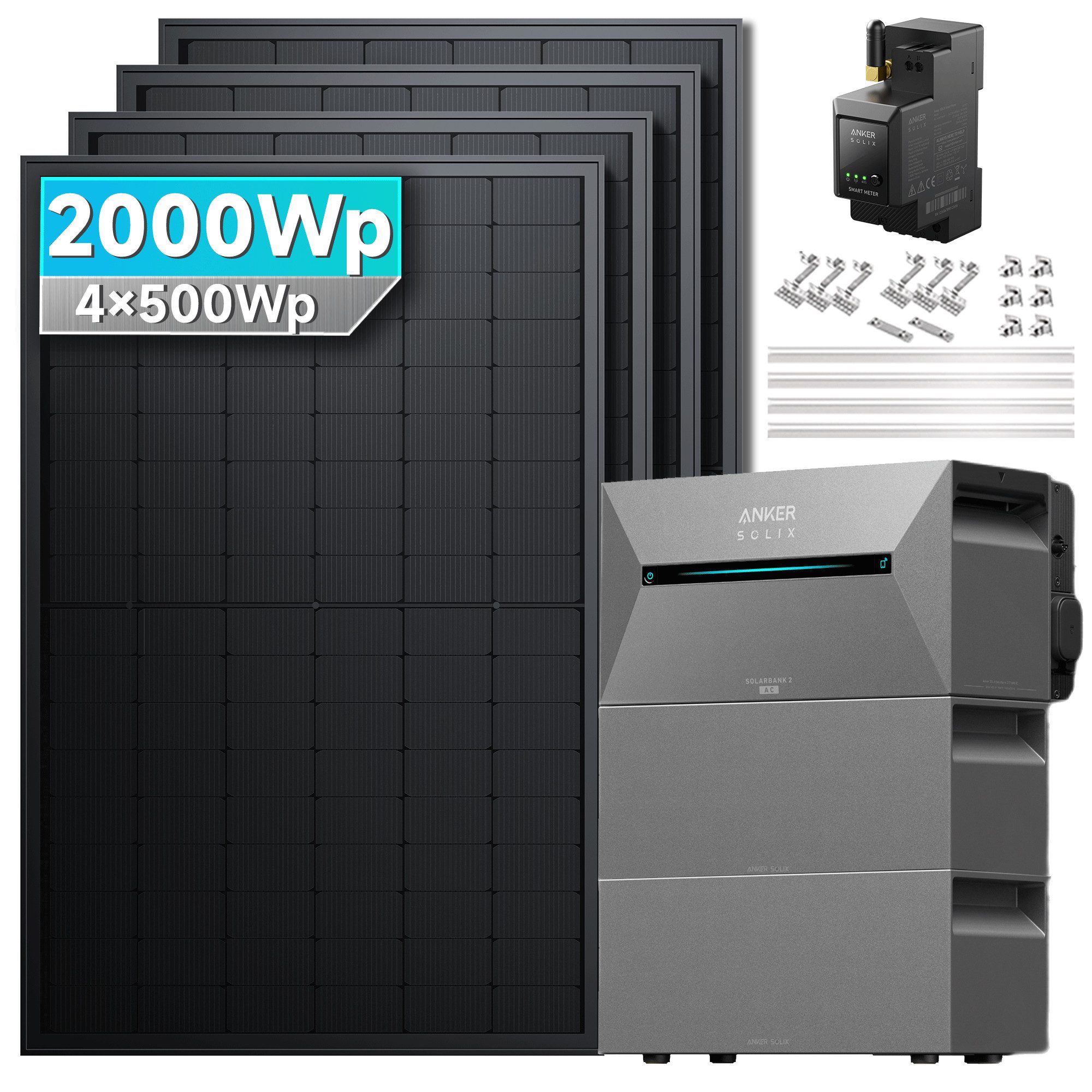 SolarMars Balkonkraftwerk mit Speicher Anker Solix Solarbank 2 E1600 Pro, 2000 W, (Ziegeldach Halterung×4), 0% MwSt