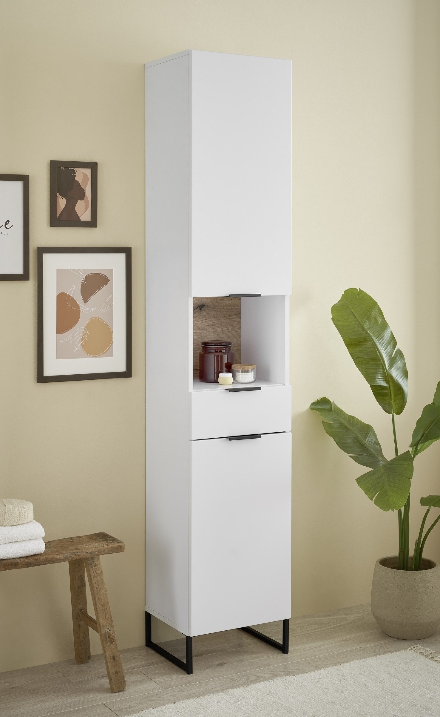 PREISBRECHER Hochschrank Denver 2 Türen, 1 Schublade, weiß / evoke eiche dekor - 38x195x32cm (BxHxT)