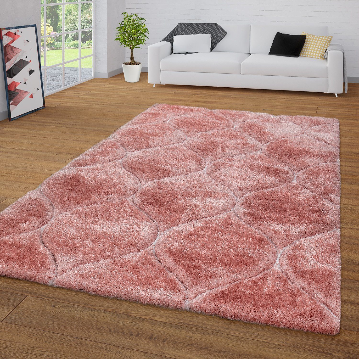 Hochflor-Teppich Wohnzimmer Teppich Pink Rosa Shaggy Hochflor, TT Home,  rechteckig, Höhe: 44 mm