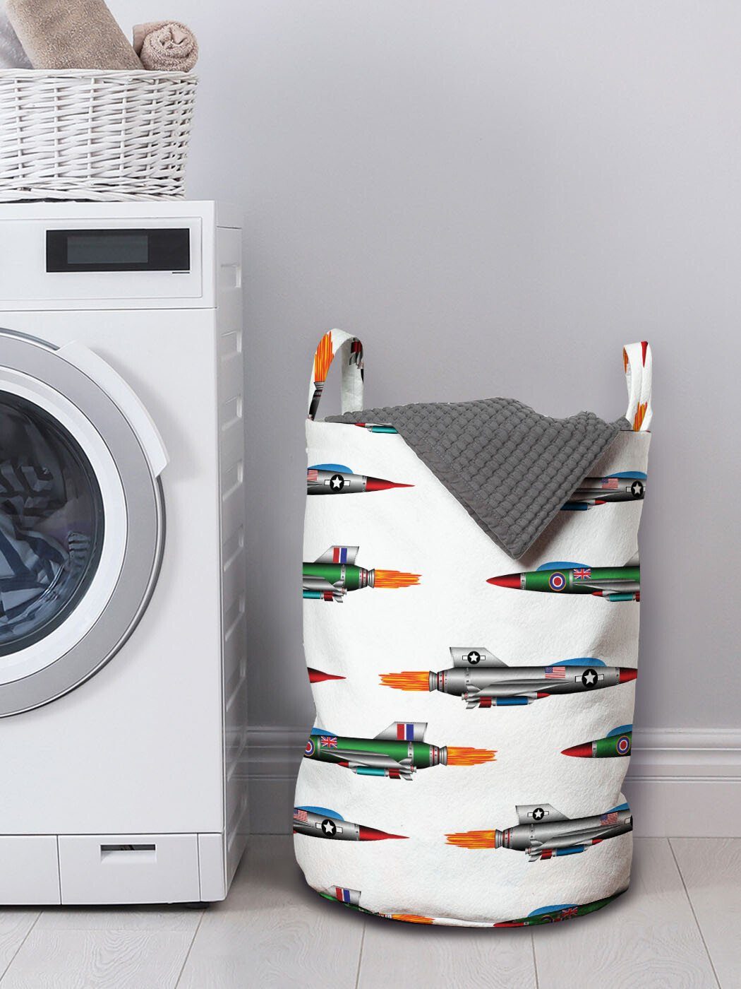 Waschsalons, Wäschesäckchen Design für Wäschekorb Griffen Aviation Bunt Jet Abakuhaus Kordelzugverschluss mit