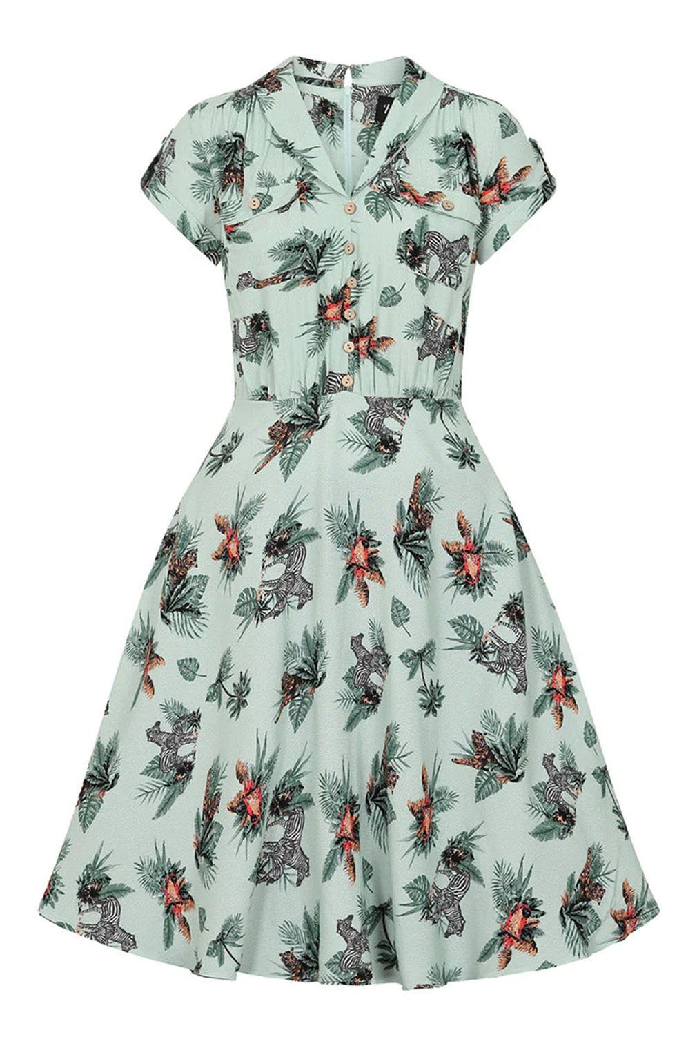 Hell Bunny A-Linien-Kleid Sofia Retro Vintage Swingkleid Rockabilly Palmen Tropisches Muster Relaxed Fit