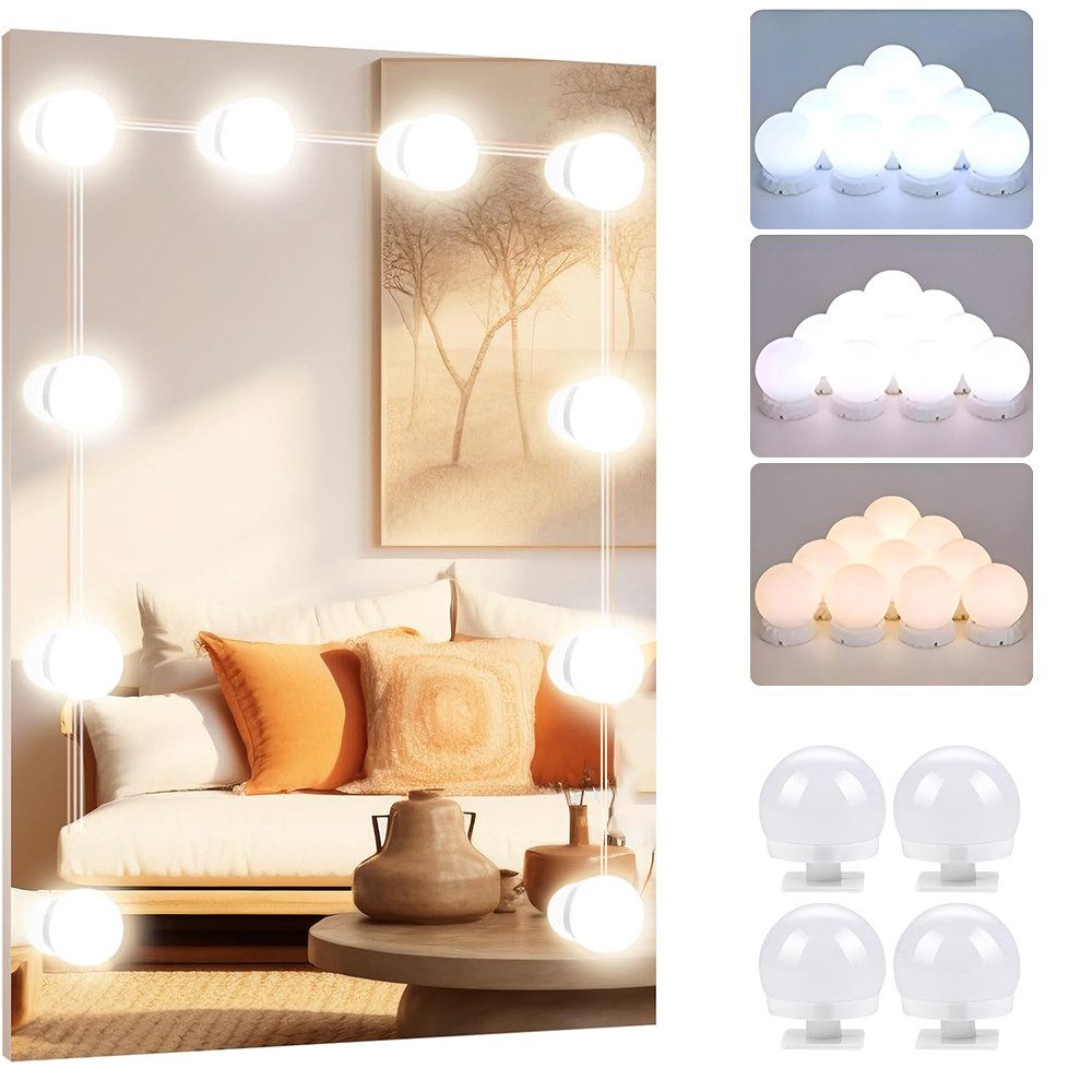 TUWENA LED-Lichtspiegel 3 Farben LED Spiegelleuchte, 9 Helligkeiten Dimmbar Schminklicht (4-St), Schminklicht Spiegellampe, Schminktisch Leuchte mit USB Kabel