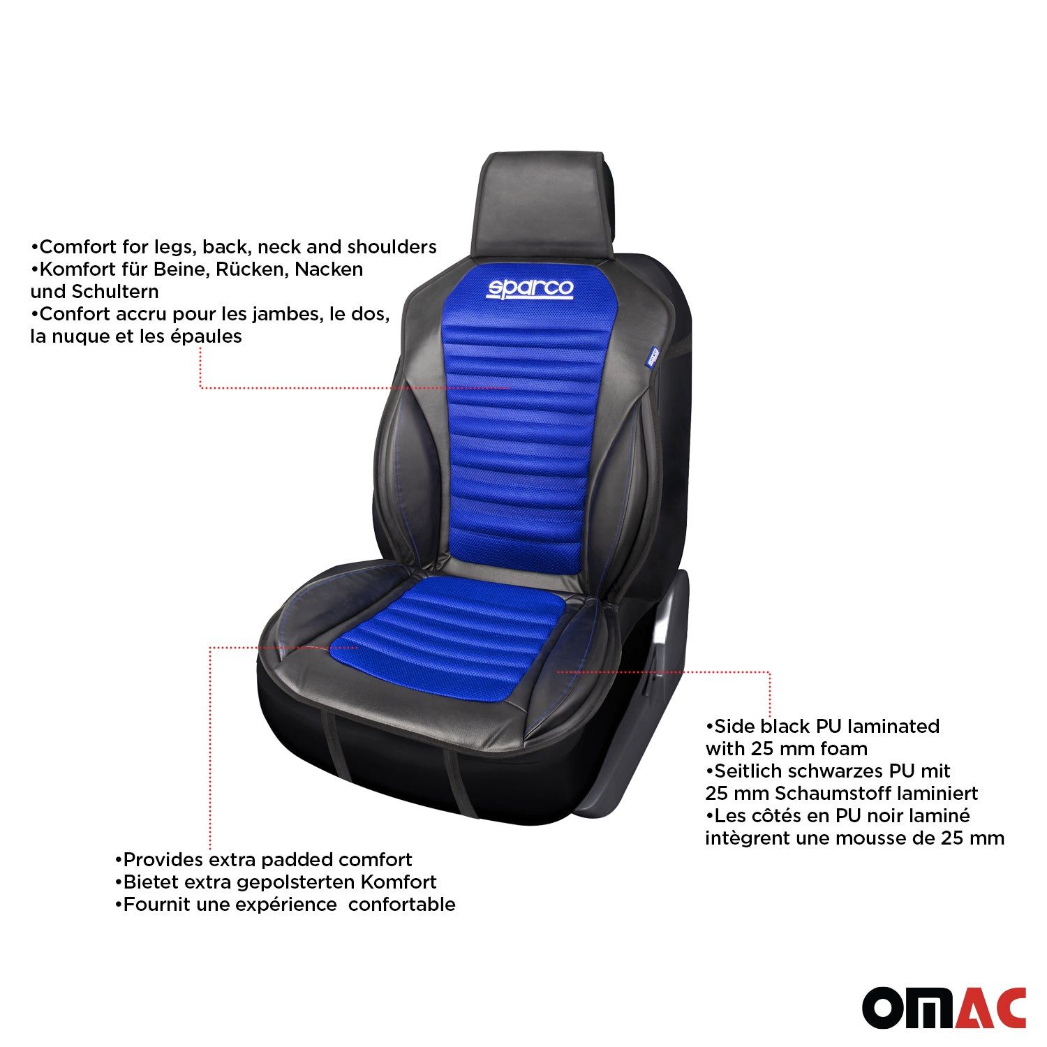 OMAC Autositzbezug SPARCO Sitzkissen Sitzauflage Universal Auto Sitzschutz Schwarz Blau, Atmungsaktiv, sportliches Aussehen, ergonomisch – Bild 4 von 5