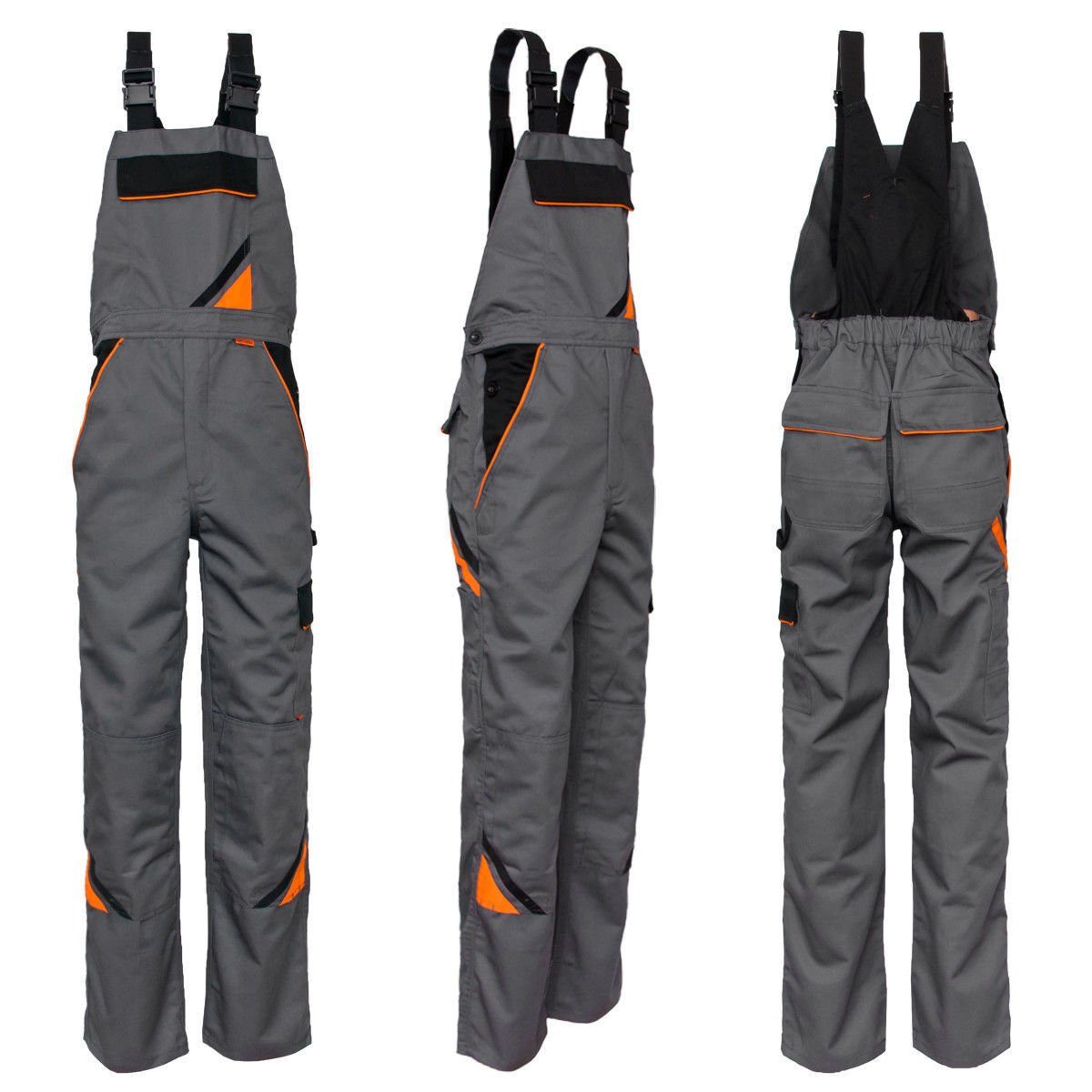Artmas Arbeitslatzhose Arbeitslatzhose Latzhose Sicherheitshose Arbeitshose Berufskleidung Farbe: Stahl mit orangefarbenem und schwarzem Zubehör. – Bild 2 von 5