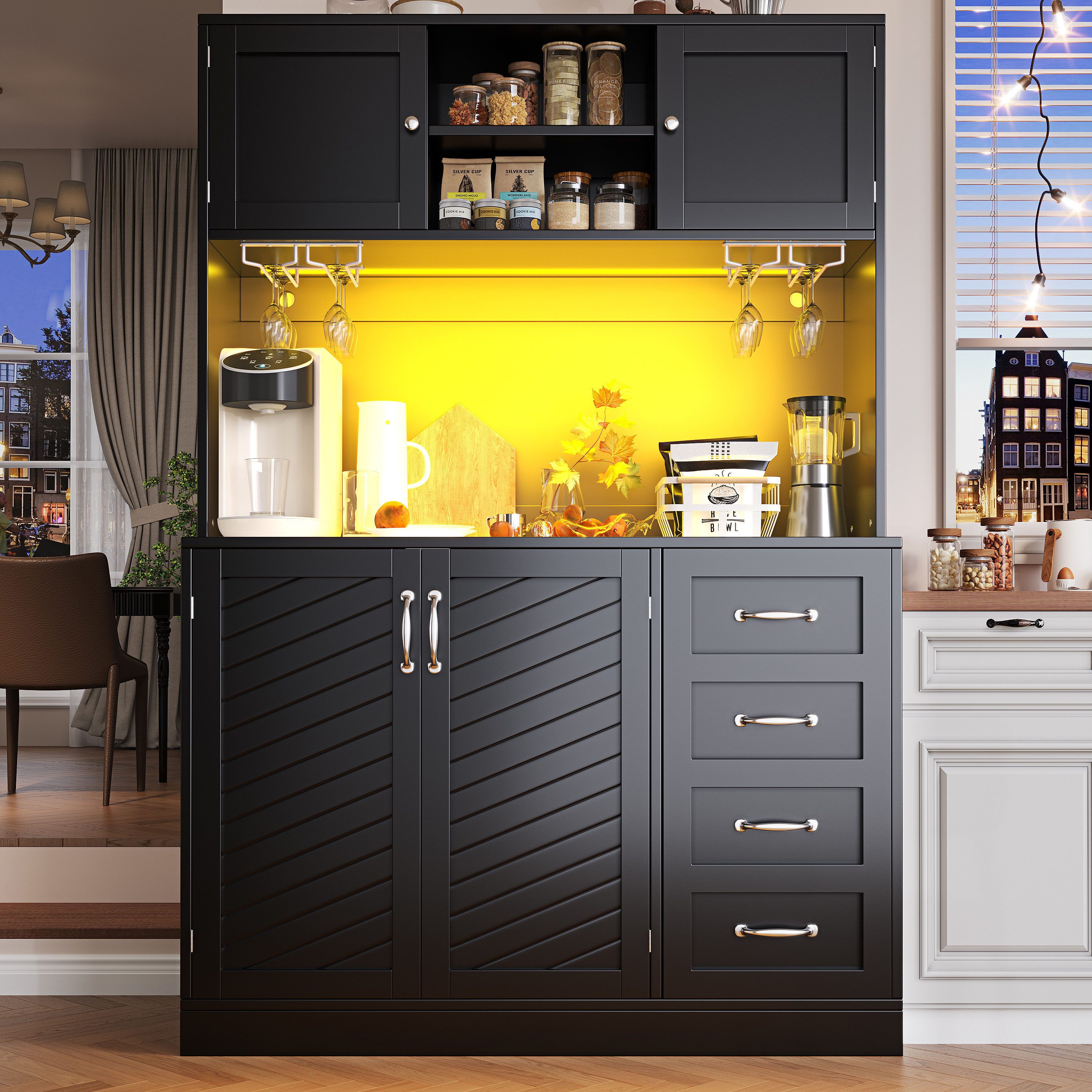 Flieks Küchenbuffet mit LED-Beleuchtung, Gläserhalter, Schubladen und Türablagen (1-St., B120/T40/H188 cm) Hochschrank Küchenschrank Geschirrschrank mit Arbeitsplatte Schwarz