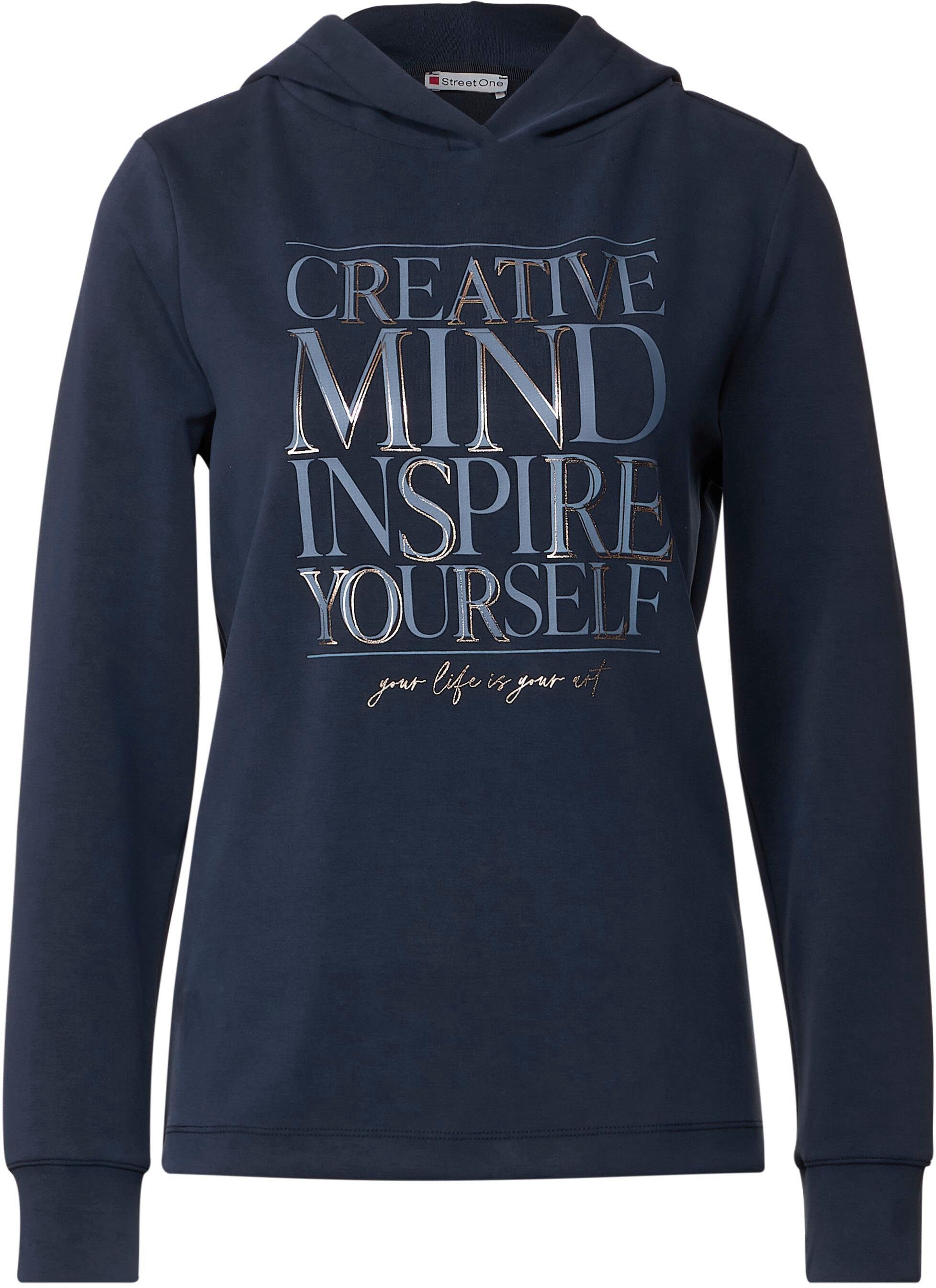 "Creative Mind" ONE STREET Wording-Print blue deep großem Kapuzenshirt mit