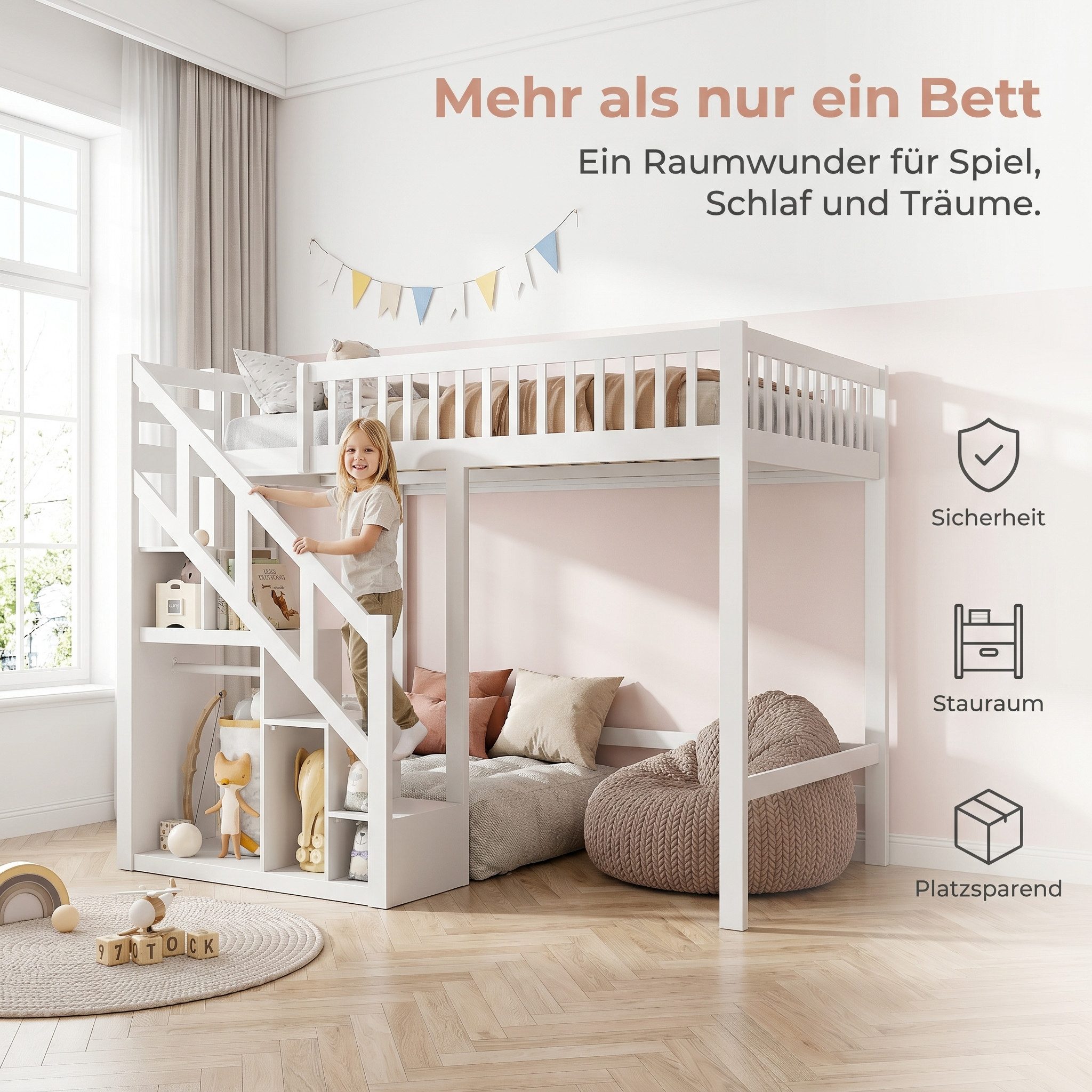 FUROKOY Etagenbett Kinderbett Hochbett mit Treppe und Absturzsicherung, Holzbett 140x200cm,Rausfallschutz und Holzlattenrost,Kiefer, Weiß – Bild 4 von 5