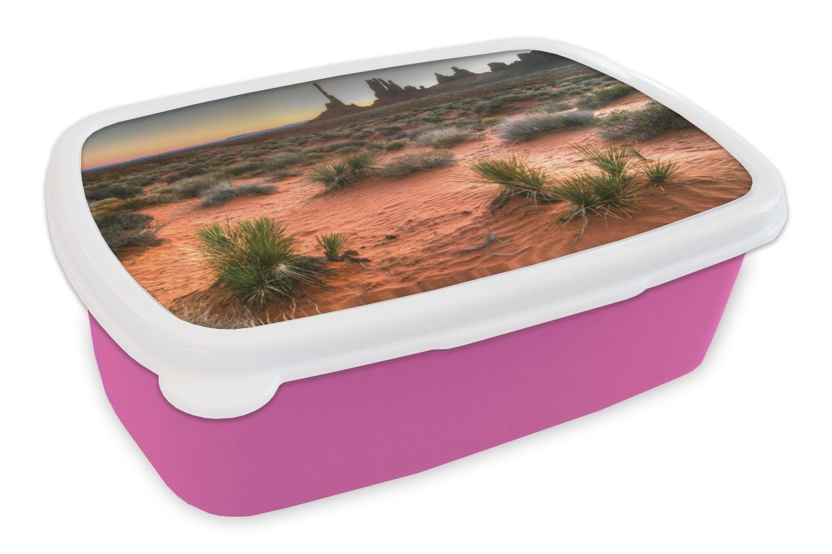 MuchoWow Lunchbox Kinder, in Erwachsene, Monument Sonnenaufgang Snackbox, für Kunststoff am Brotbox Brotdose rosa Kunststoff, Valley Totempfahl Amerika, Mädchen, (2-tlg), im