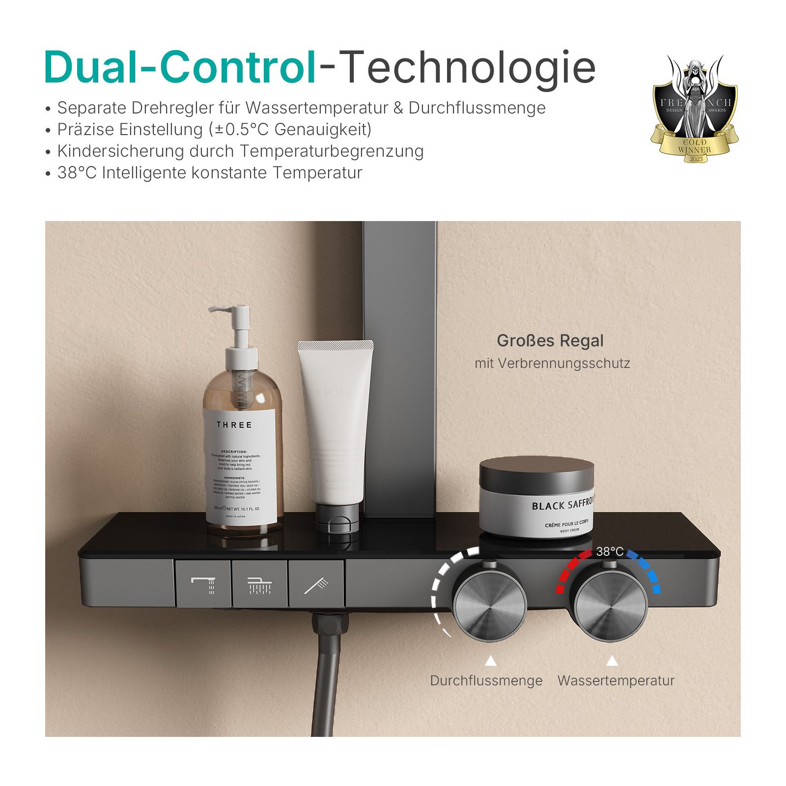EMKE Duschsystem mit Thermostat Regendusche und Handbrause Messing Duschsäu günstig online kaufen