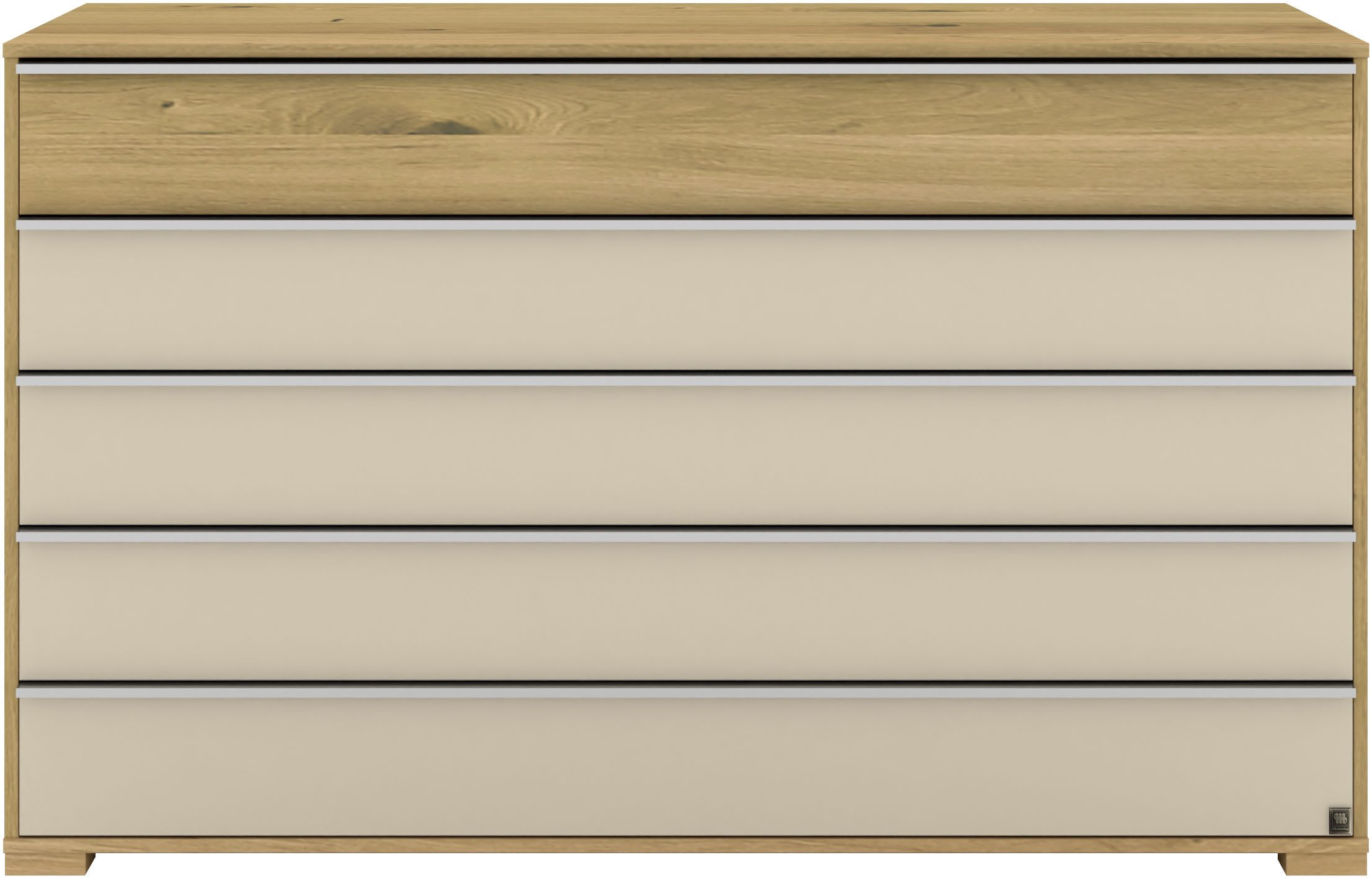 Musterring Schubkastenkommode Savona Sideboard, Wäscheschrank, mit Schubladen, teilmassiv, 141 cm (Bianco-Eiche, mit Glas, mit Selbsteinzug und Dämpfung, MADE IN GERMANY), Fronten in Bianco-Eiche massiv und Glas Champagner, B141 x H 86cm