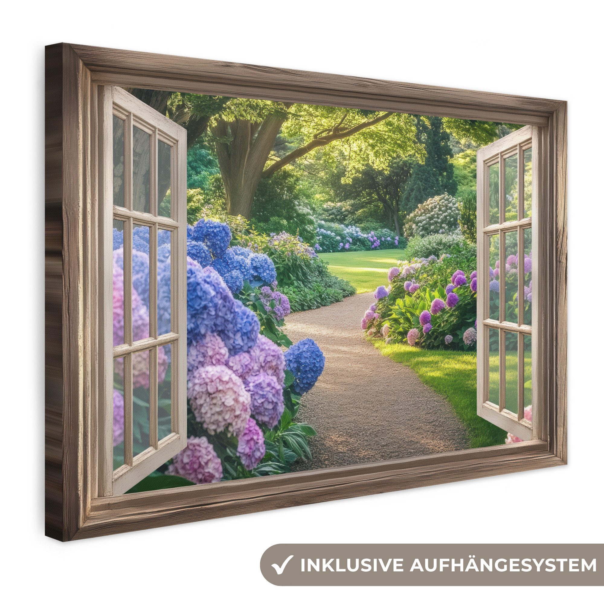 OneMillionCanvasses® Leinwandbild Aussicht - Garten - Fenster - Hortensie - Blumen, Fotodruck (1 St), Leinwand Bilder Klein, Wand Dekoration Aesthetic 30x20 cm