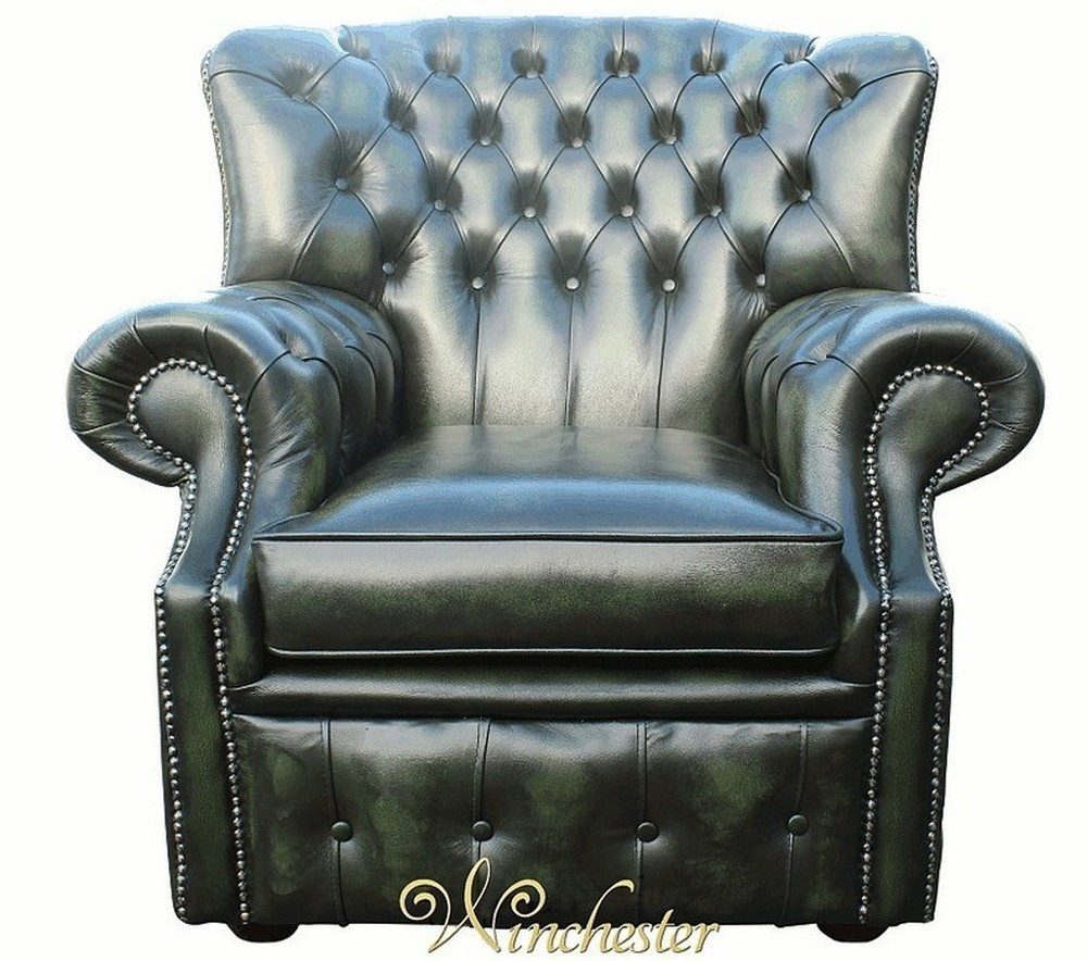 JVmoebel Ohrensessel Samt Chesterfield Sessel in Grün mit Echtlederbezug (Packung, 1-St., Chesterfield Sessel), Made in Europa