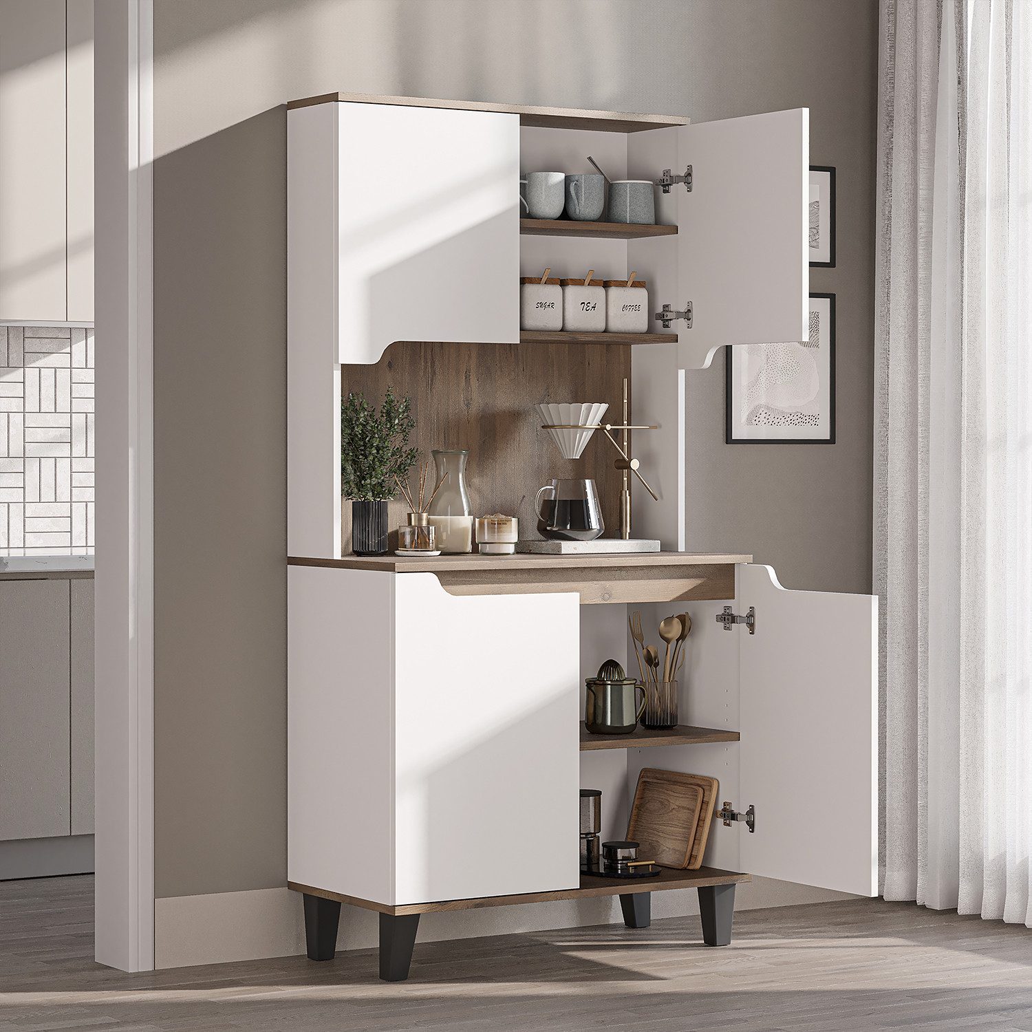 Roomart Küchenbuffet DEFNE mit Nische Kaffeebar Mikrowellenschrank Vorratsschrank, 5 Farben Offene Nische für Kaffeemaschine, 4 Türfächer