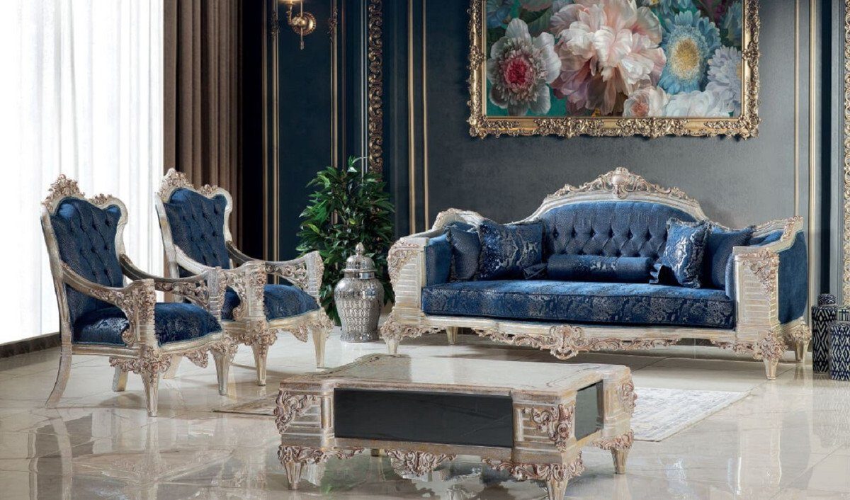 Casa Padrino Sessel Luxus Barock Wohnzimmer 75 elegantem H. 75 Gold x / Barock Creme Sessel mit 116 - Muster - Möbel Prunkvoller Blau Sessel Kupfer / cm / x