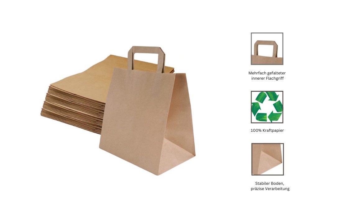 Lauroo Tragetasche Papiertragetasche, Geschenktüten, 28+17x28 cm Braun- 250 Stück (250-tlg), Stabil & reißfest