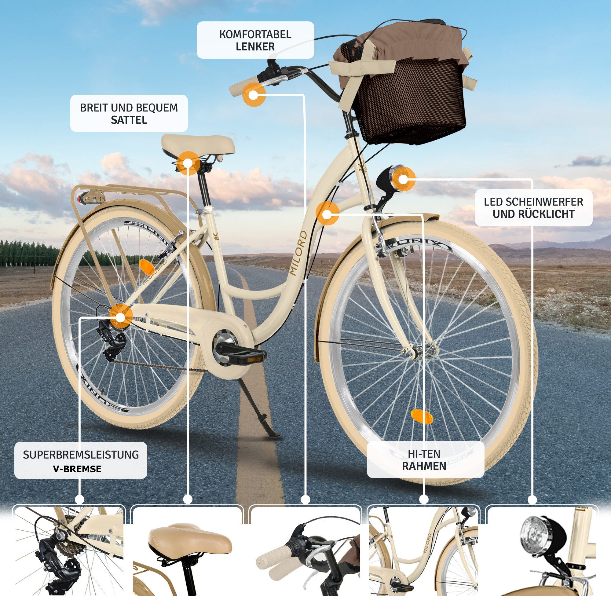 Milord Cityrad Milord City Fahrrad Korb Damenfahrrad, 28/26 Zoll, Creme-Braun, 7-Gang, 7 Gang, (Fahrradständer, Gepäckträger, Klingel, Korb, Kotflügel)